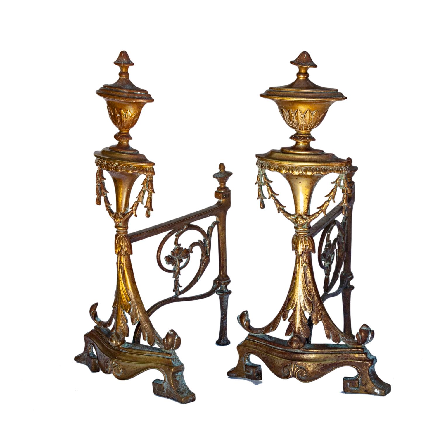 19th C Bronze/brass fireplace ware with acanthus leaves & urn.