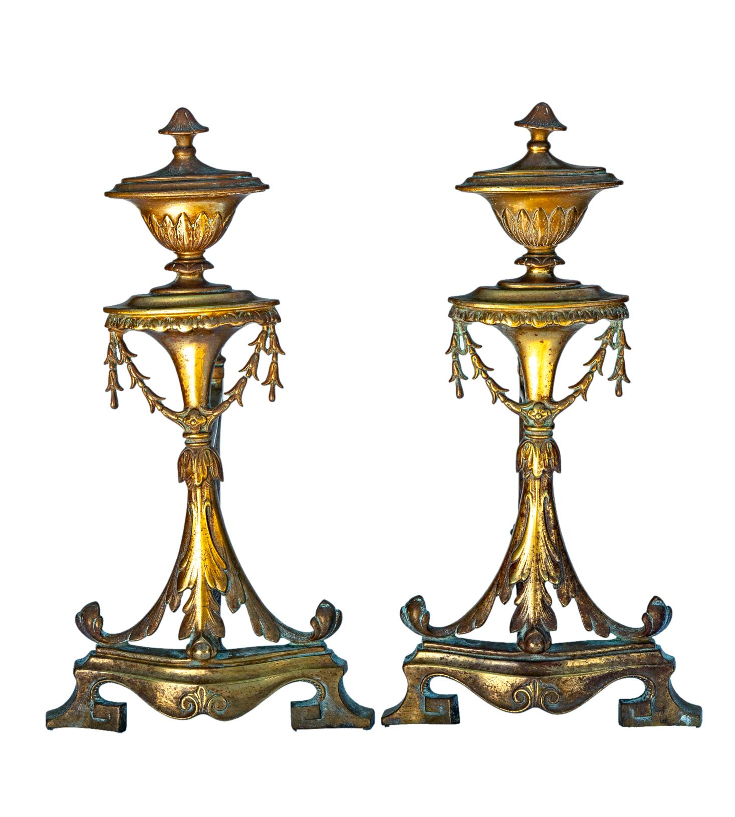 French Provincial Antique French Bronze Decorative Fireplace Andirons For Sale