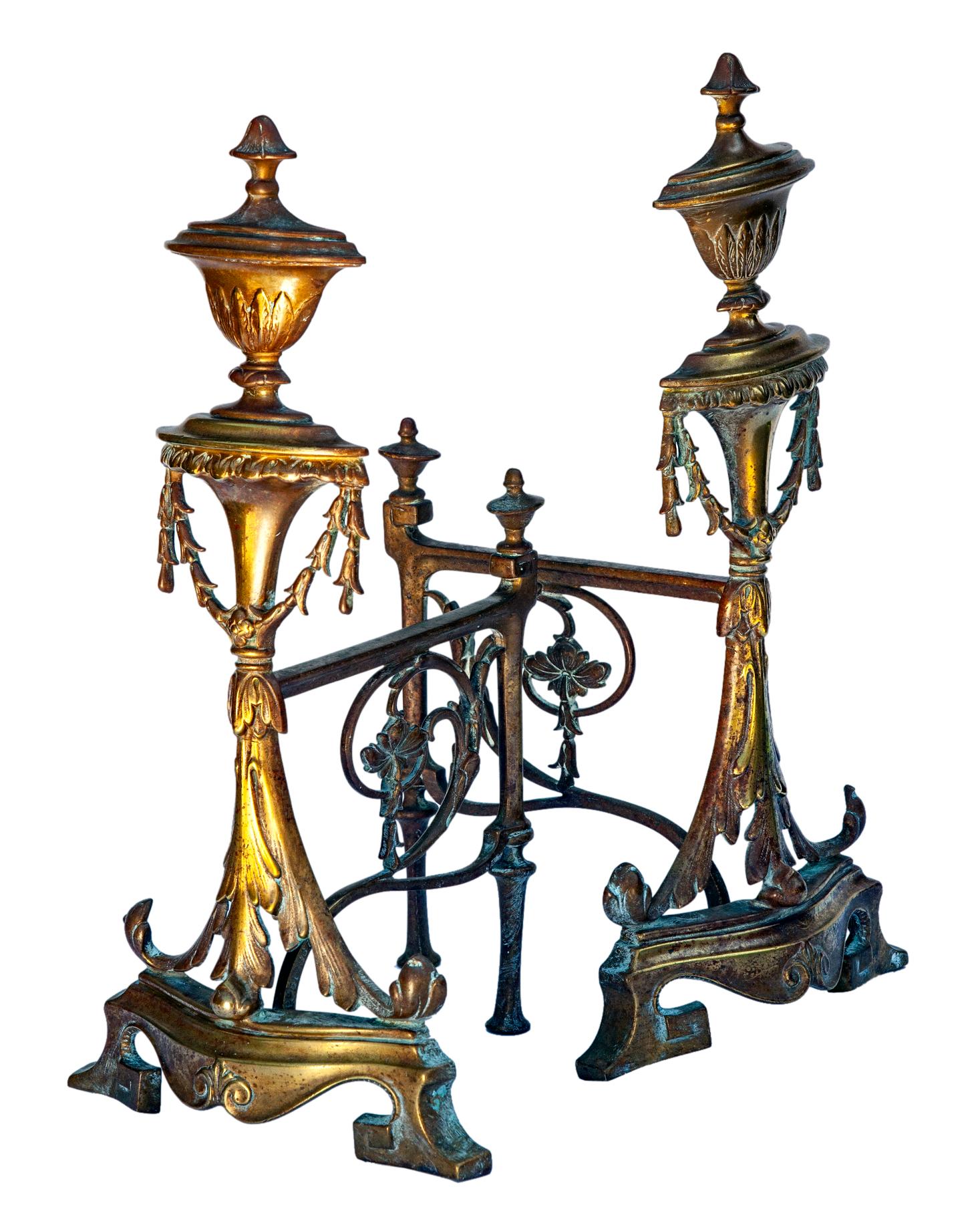 Cast Antique French Bronze Decorative Fireplace Andirons For Sale