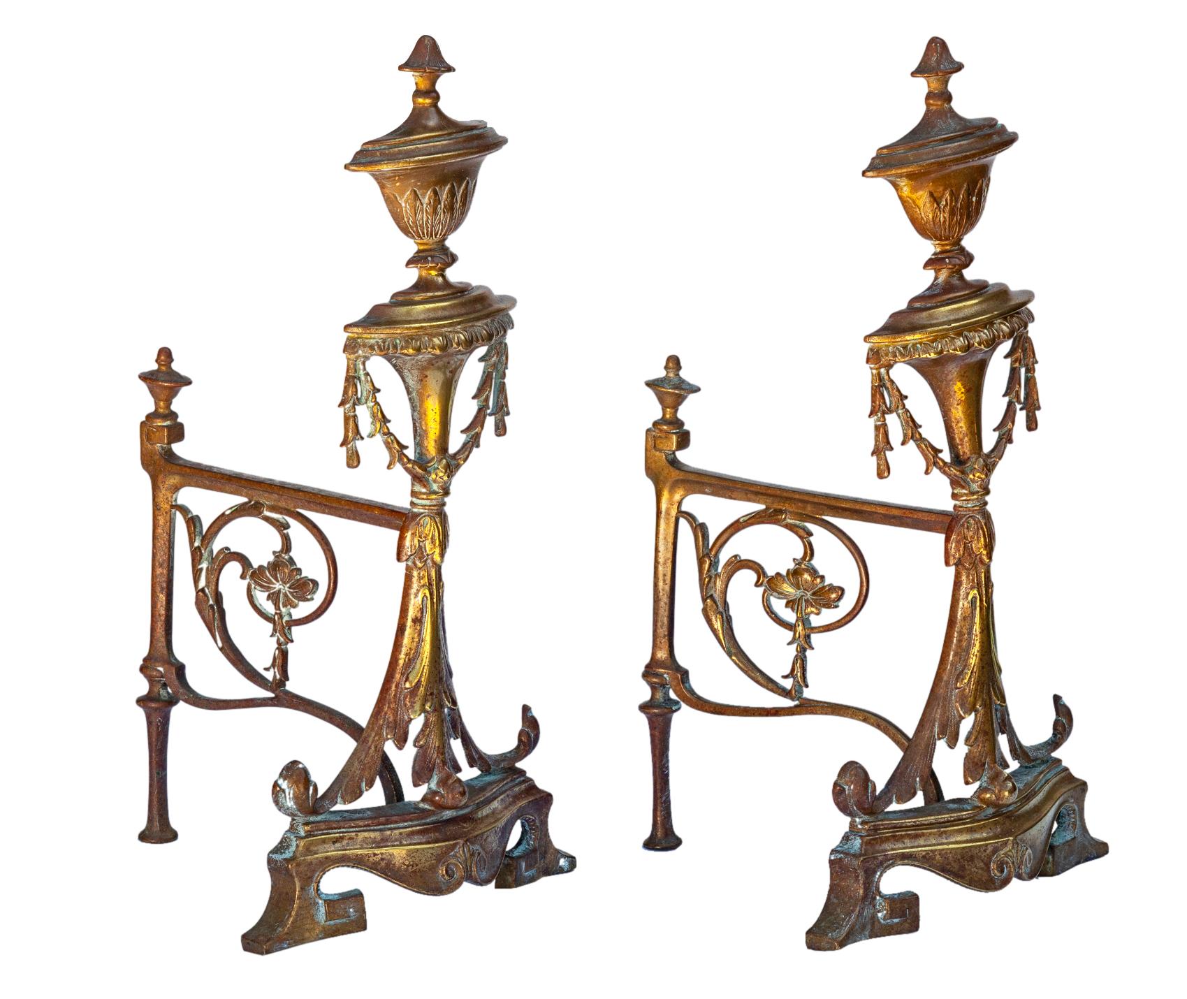 19th Century Antique French Bronze Decorative Fireplace Andirons For Sale