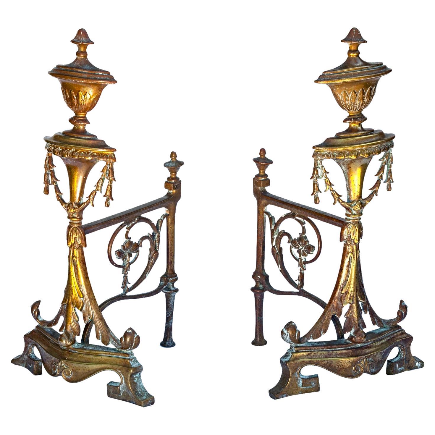 Antique French Bronze Decorative Fireplace Andirons For Sale