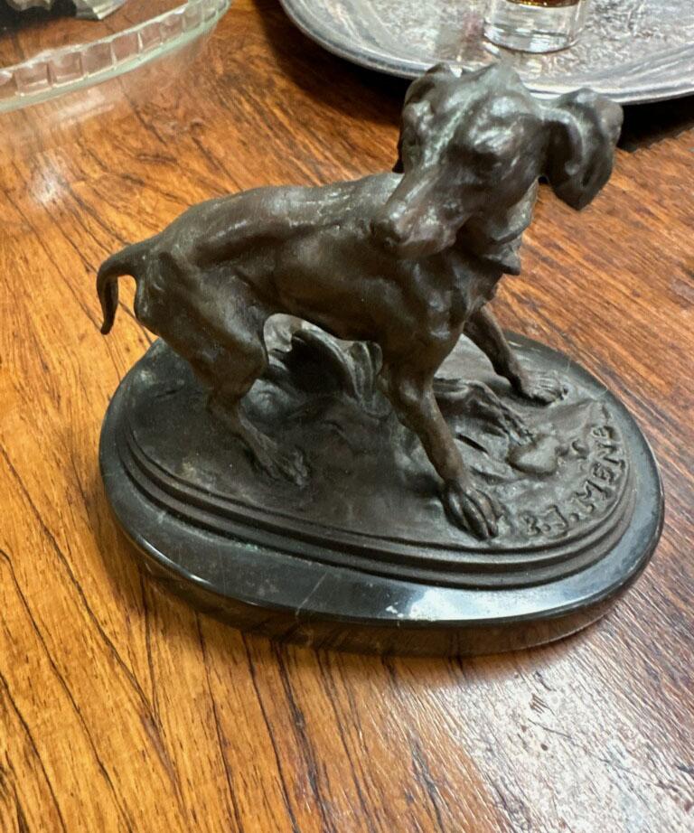 Antique French Bronze Dog Sculpture Signed For Sale at 1stDibs