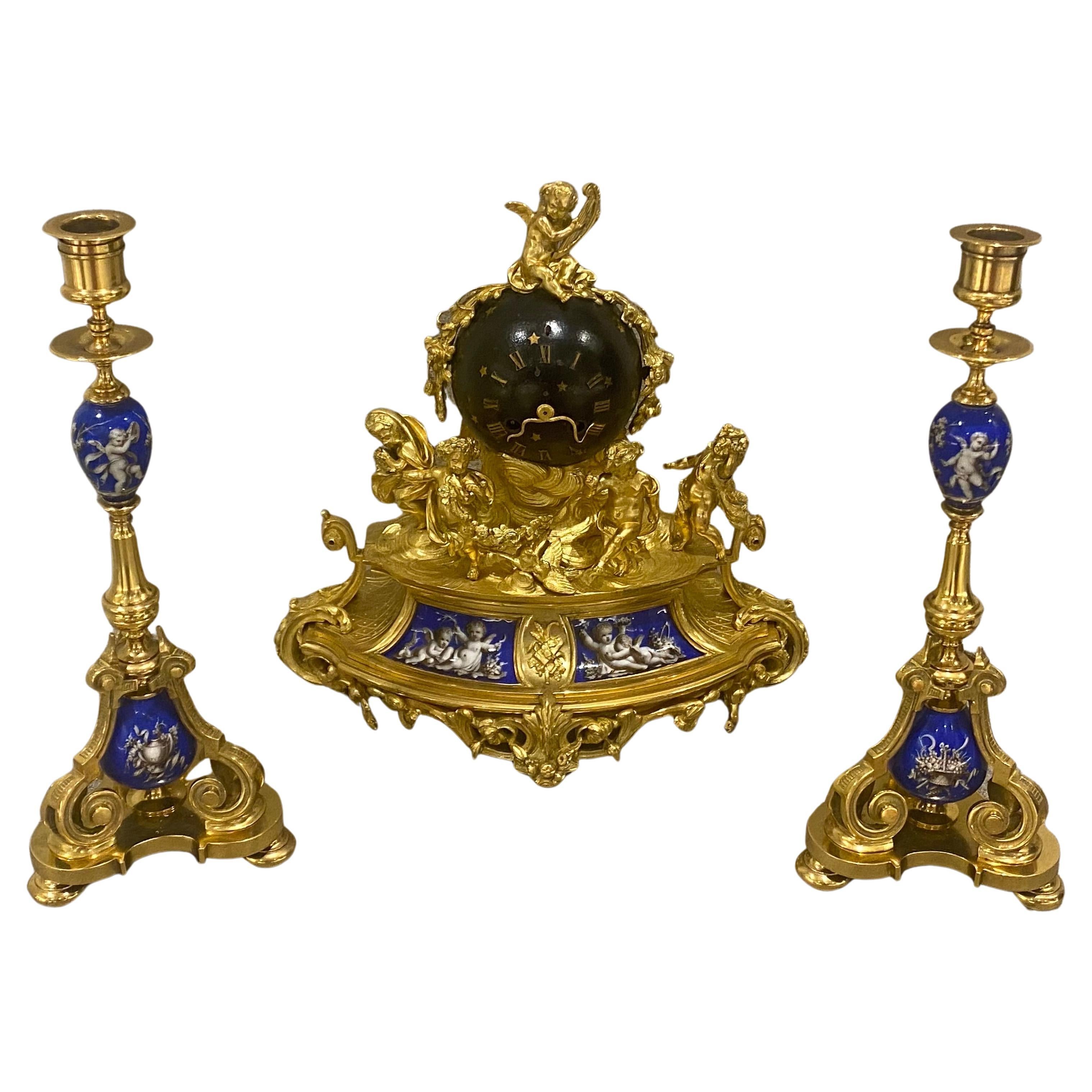 Antikes französisches Bronze Dore 3-teiliges Uhren-Set Cherubs Putten nach Clodion, ca. 1860