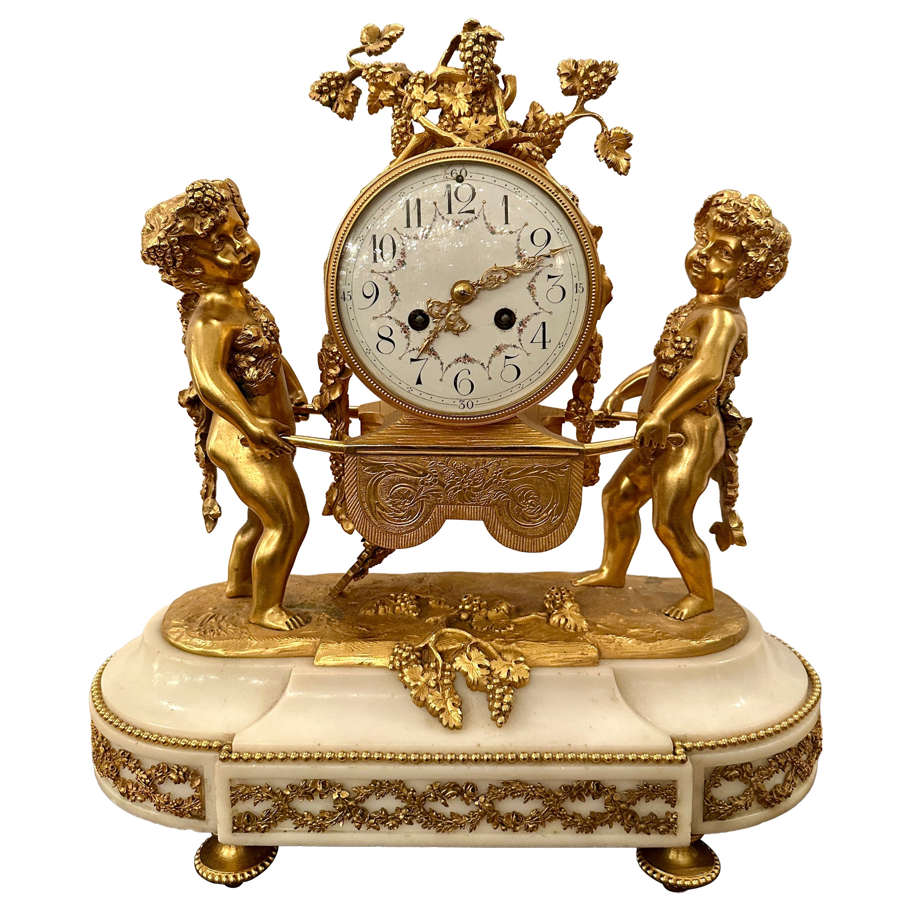 Antique French Bronze D'Oré and Carrara Marble Clock, Circa 1880.