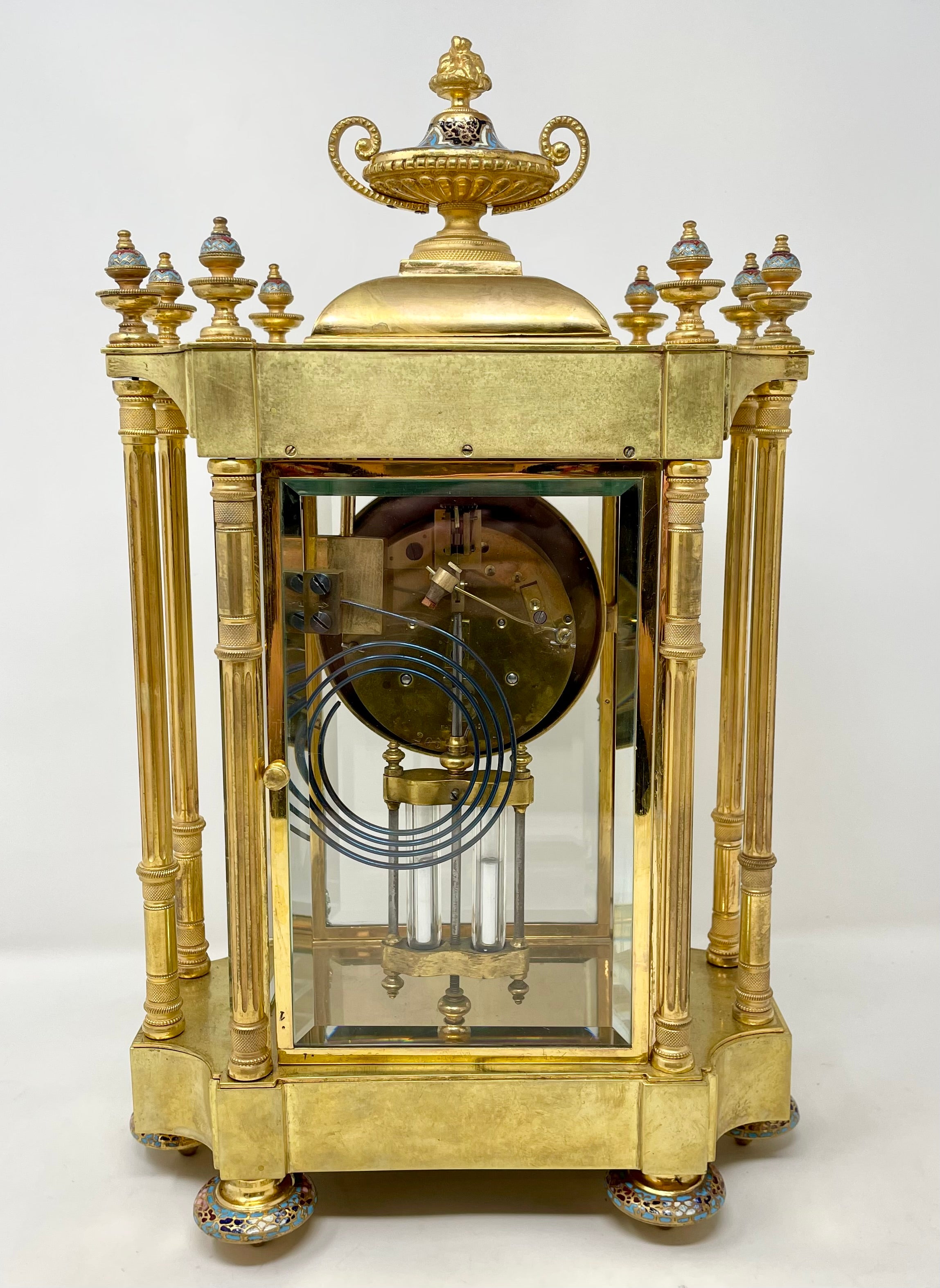 19th Century Antique French Bronze D'ore and Champlevé Enamel Clock with Mercury Pendulum. For Sale