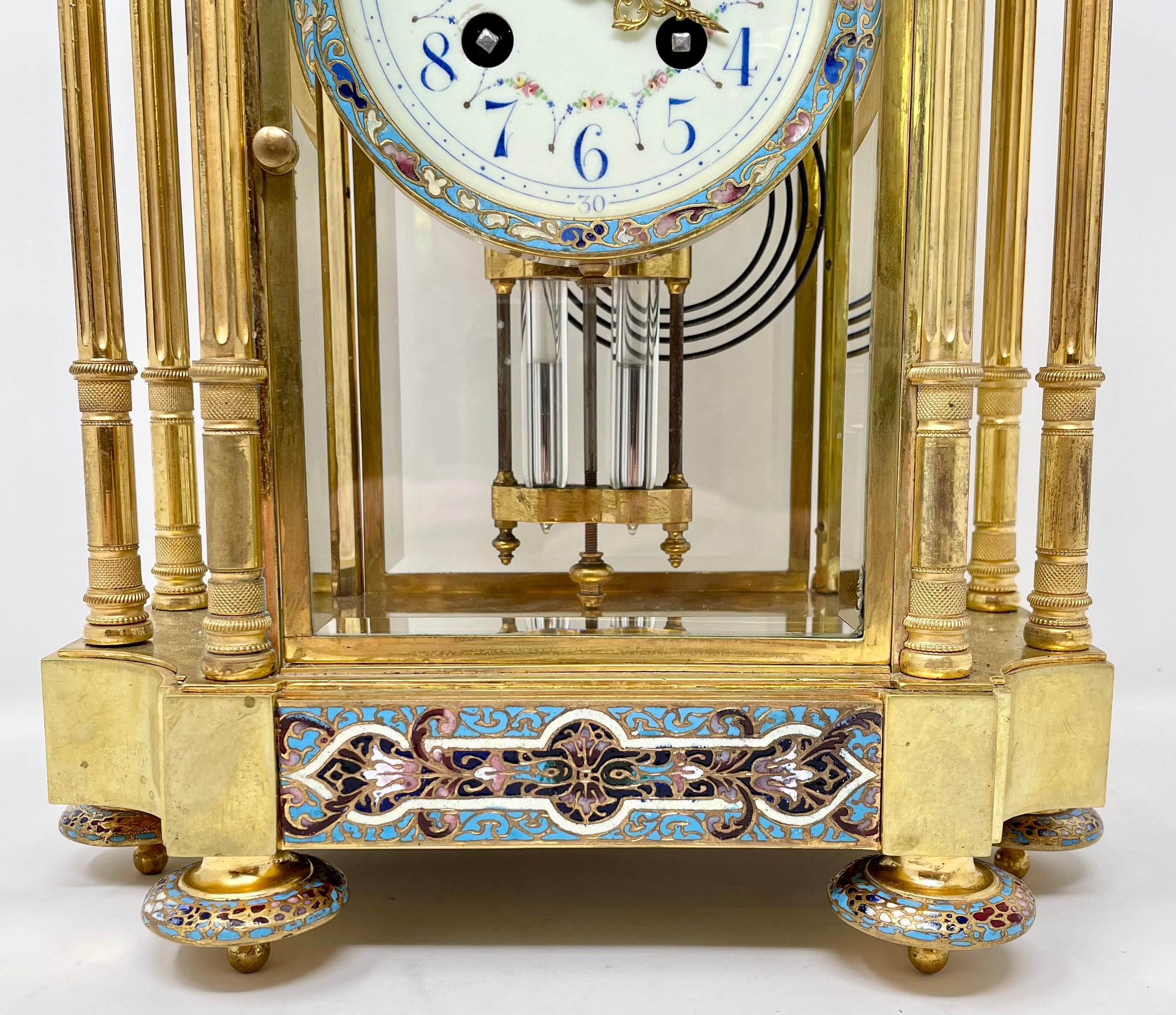 Antique French Bronze D'ore and Champlevé Enamel Clock with Mercury Pendulum. For Sale 1