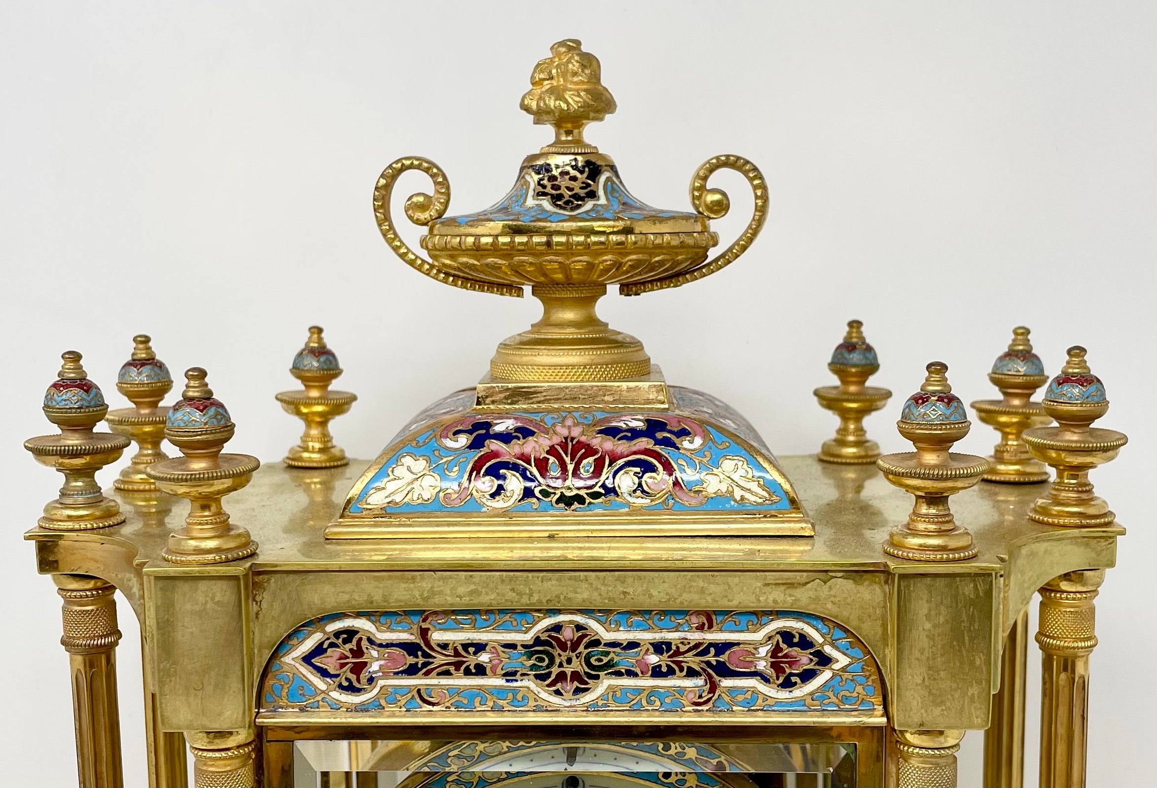 Antique French Bronze D'ore and Champlevé Enamel Clock with Mercury Pendulum. For Sale 3