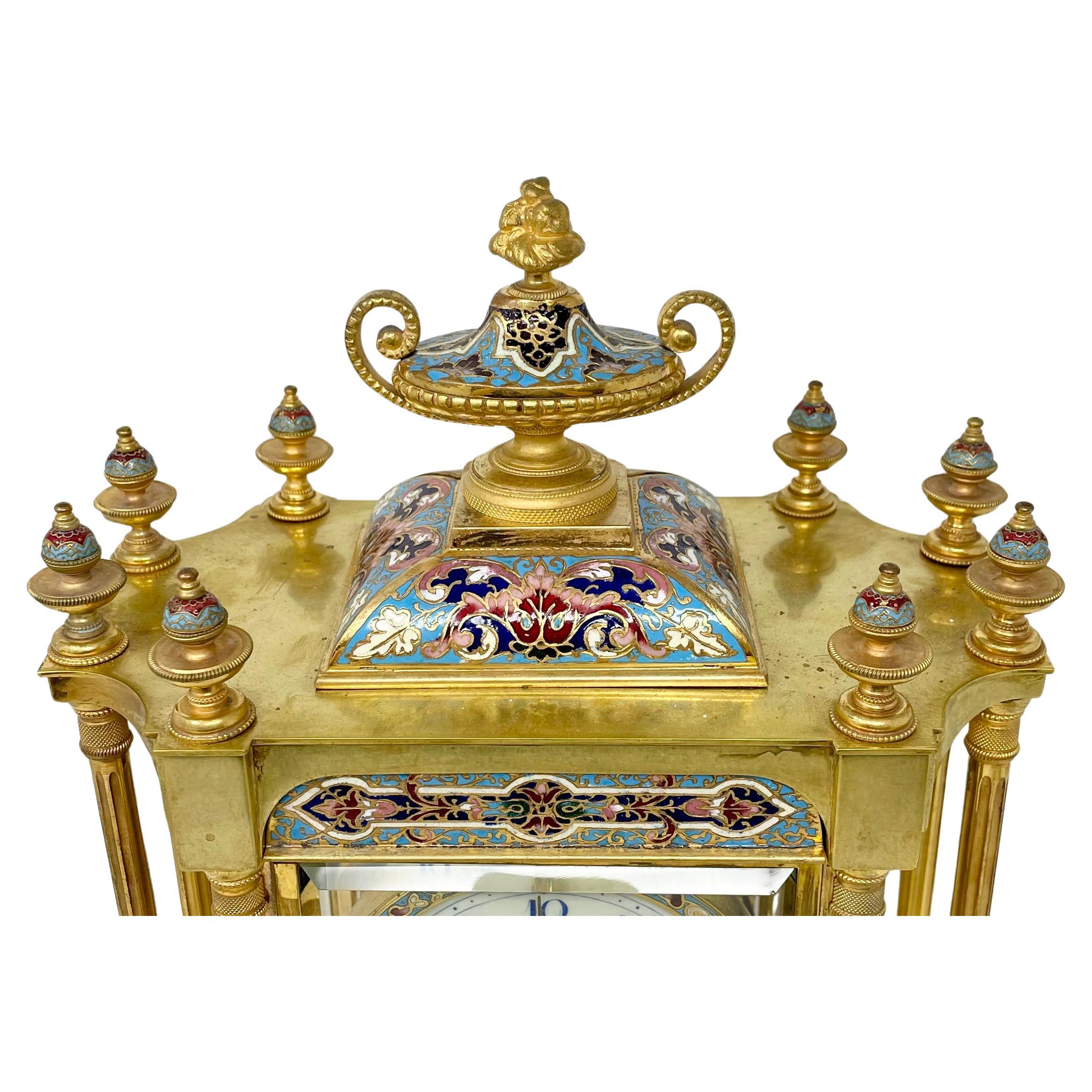 Antique French Bronze D'ore and Champlevé Enamel Clock with Mercury Pendulum. For Sale 4