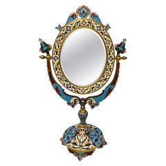 Antique French Bronze D'ore and Cloisonné Enamel Vanity Mirror, Circa 1890's.
