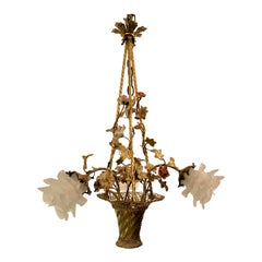 Antique French Bronze D'ore Chandelier with Dresden Flowers