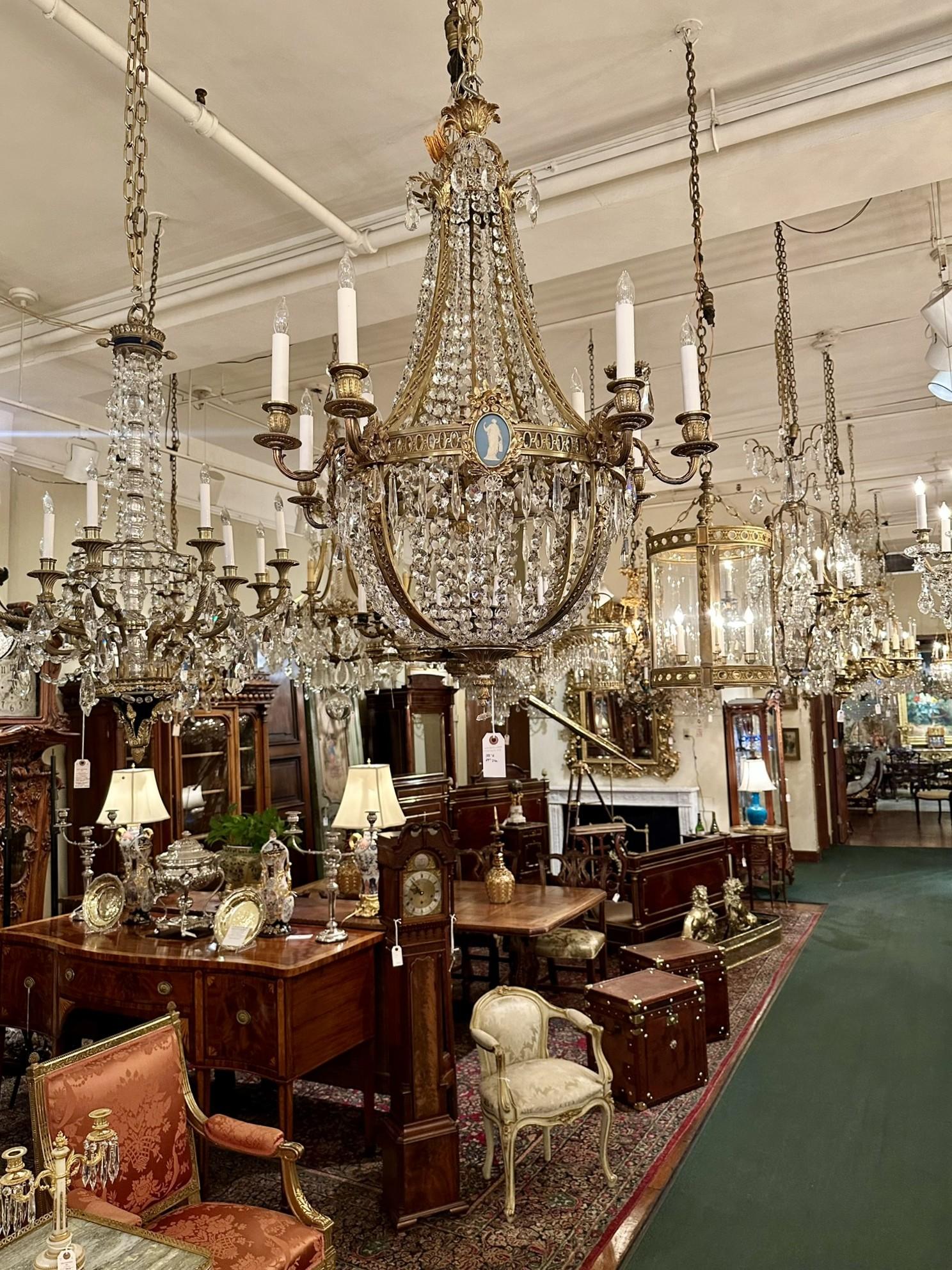 Antique French Bronze D'Oré & Crystal Chandelier with Jasperware Plaques C 1890. For Sale 7