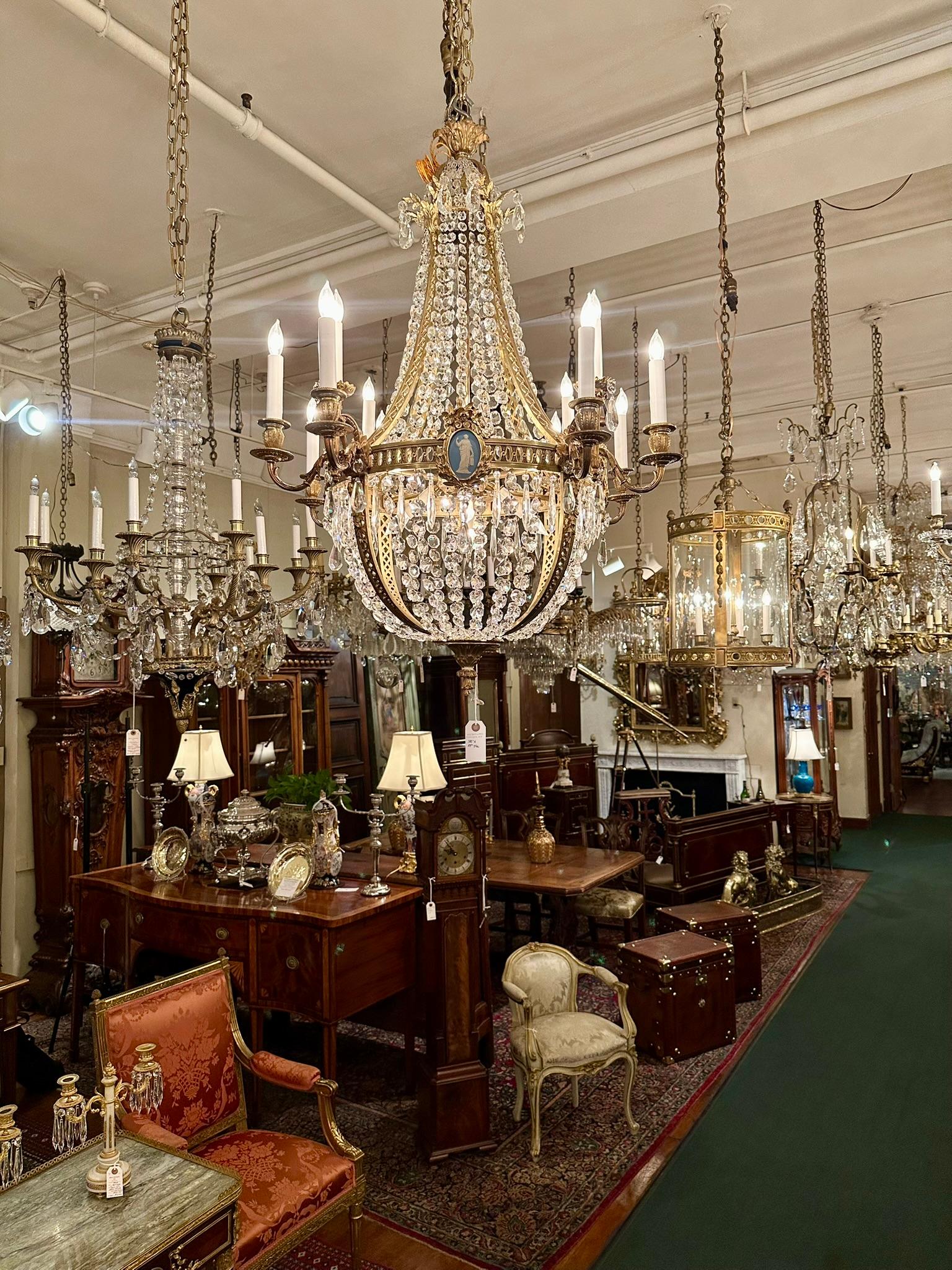 Antique French Bronze D'Oré & Crystal Chandelier with Jasperware Plaques C 1890. For Sale 8