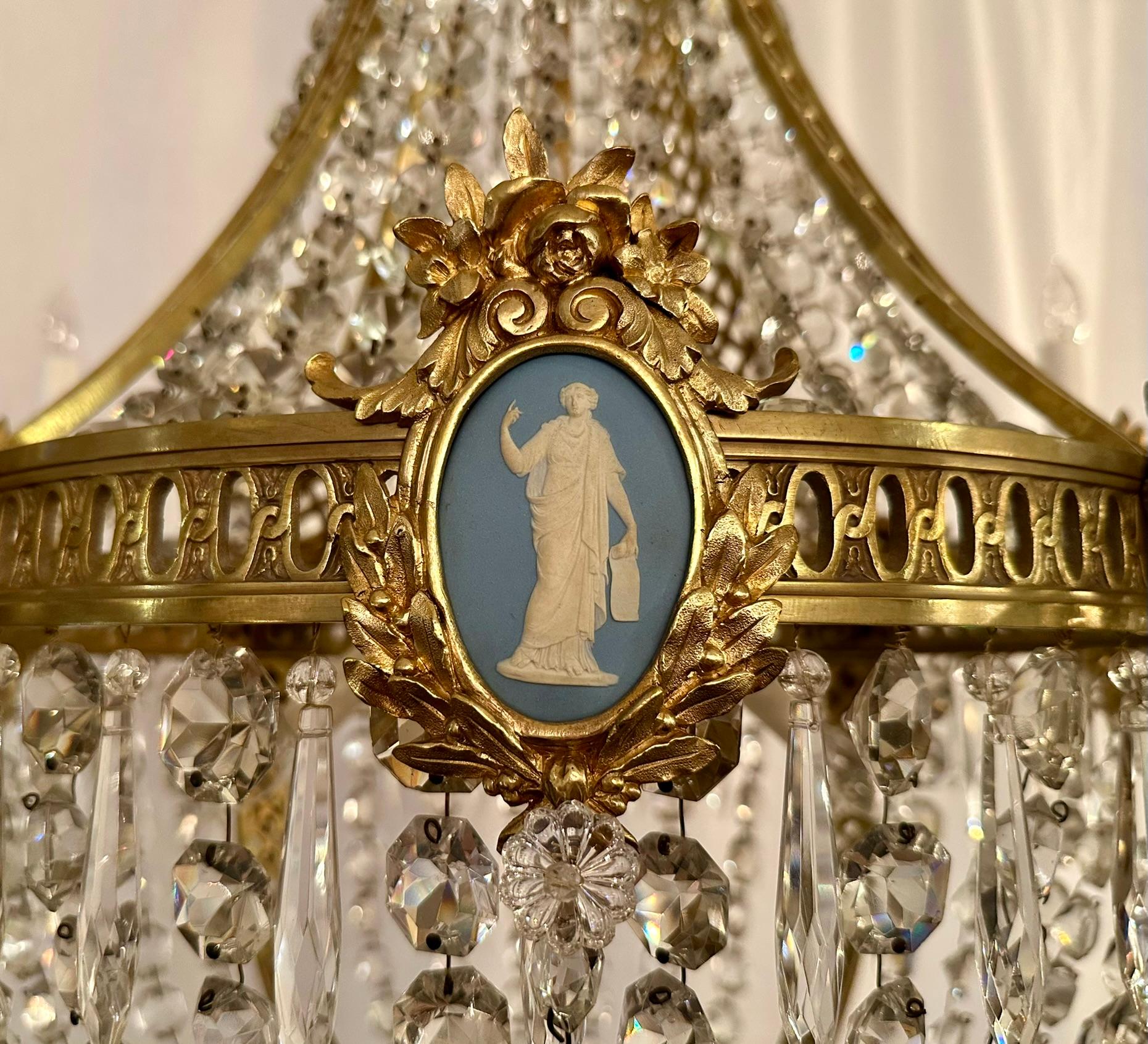 19th Century Antique French Bronze D'Oré & Crystal Chandelier with Jasperware Plaques C 1890. For Sale