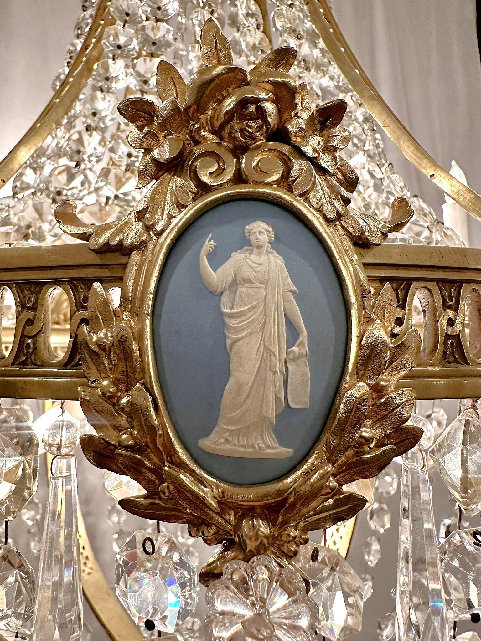 Antique French Bronze D'Oré & Crystal Chandelier with Jasperware Plaques C 1890. For Sale 1