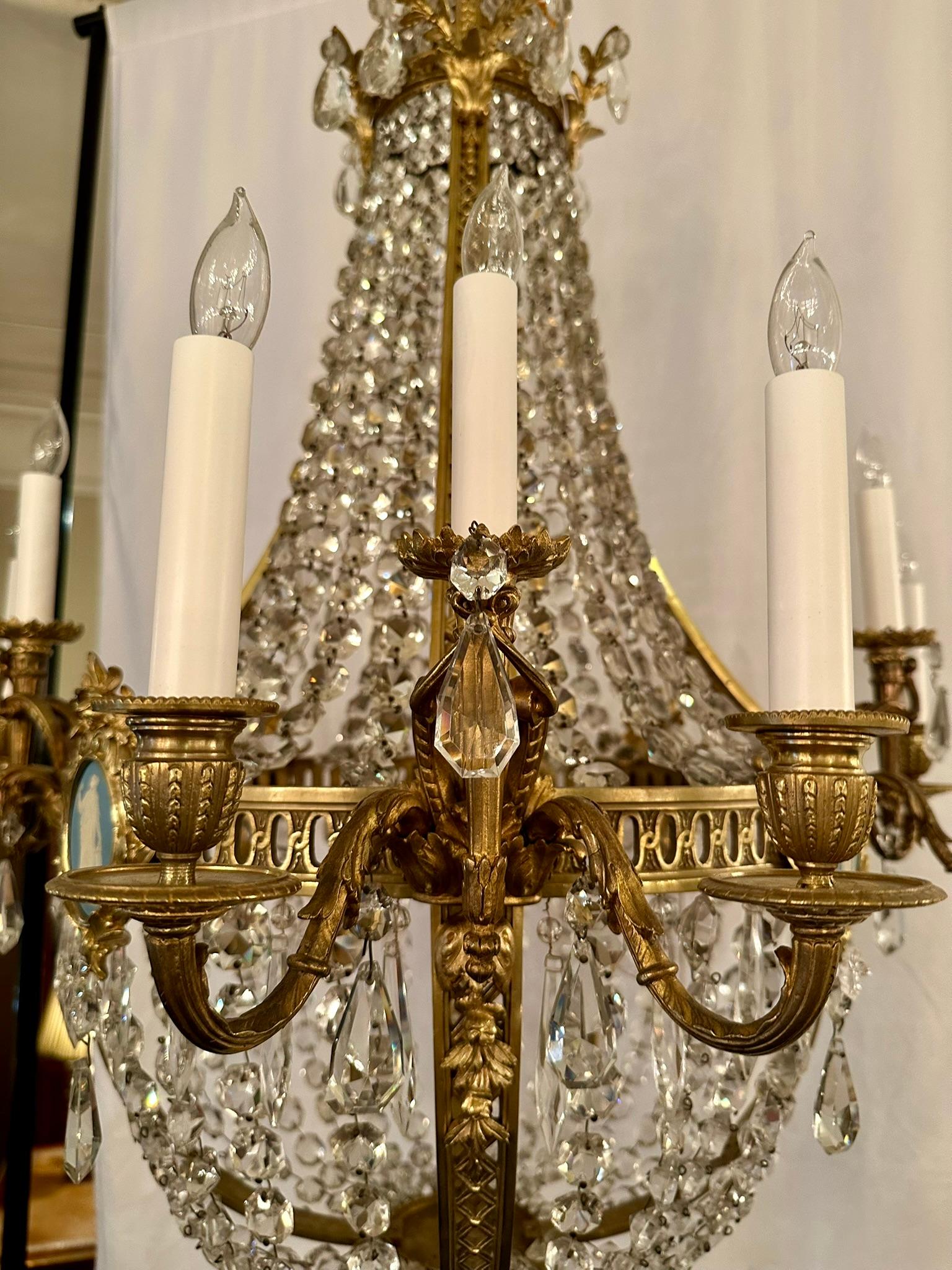 Antique French Bronze D'Oré & Crystal Chandelier with Jasperware Plaques C 1890. For Sale 2