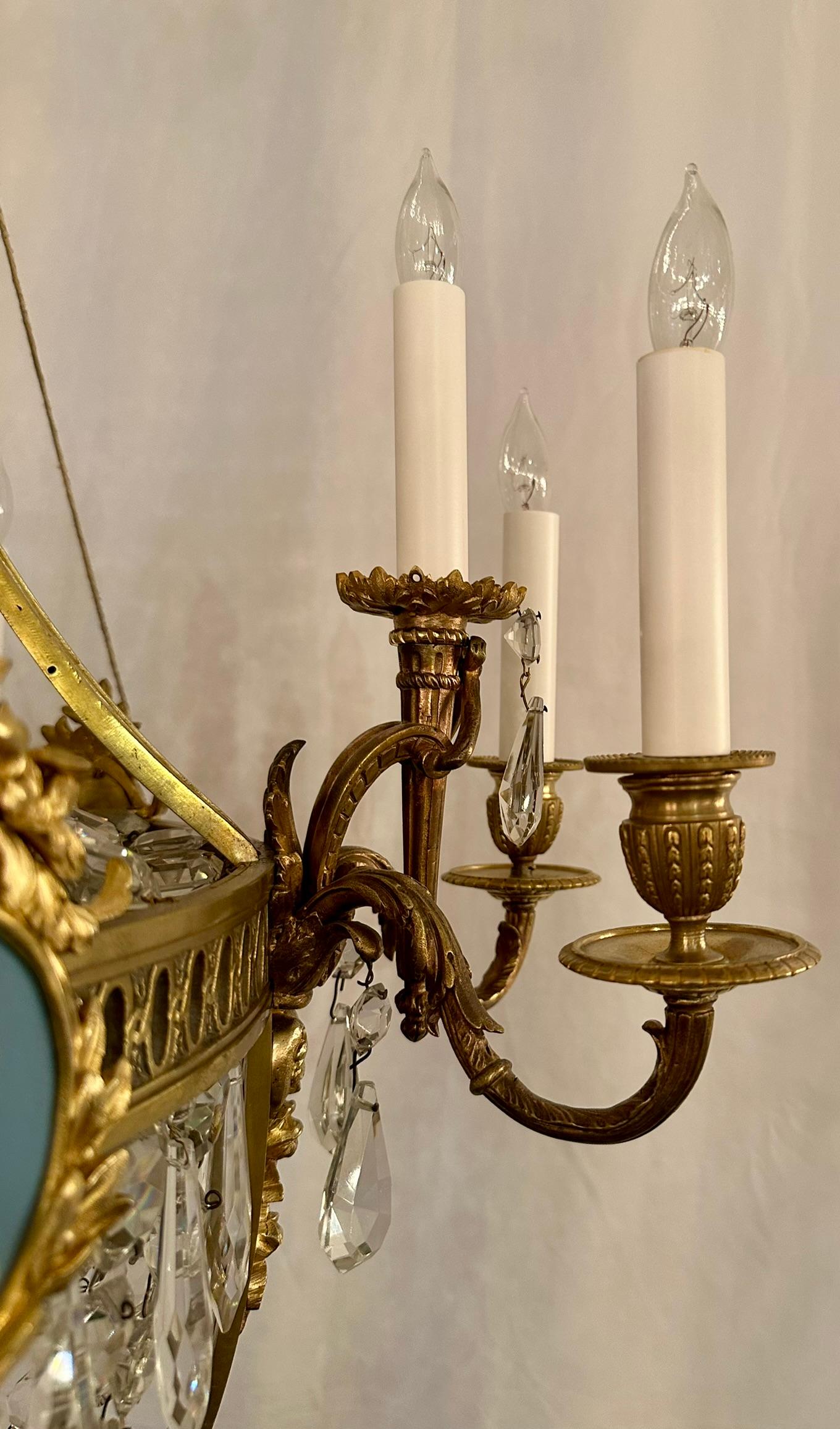 Antique French Bronze D'Oré & Crystal Chandelier with Jasperware Plaques C 1890. For Sale 4
