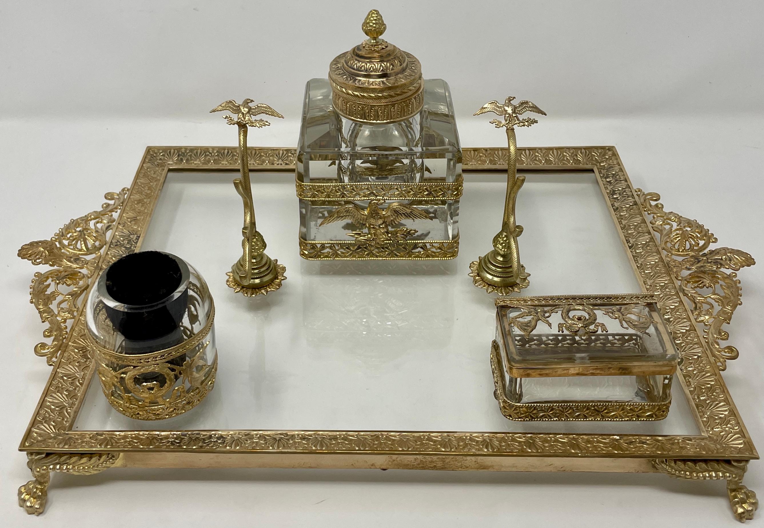 Antique French bronze D'Ore and cut crystal inkwell desk set on stand, Circa 1900.
Includes inkwell, pen holder, pen nib brush and drip box.