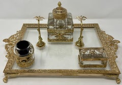 Antique French Bronze D'ore & Cut Crystal Inkwell Desk Set on Stand, Circa 1900