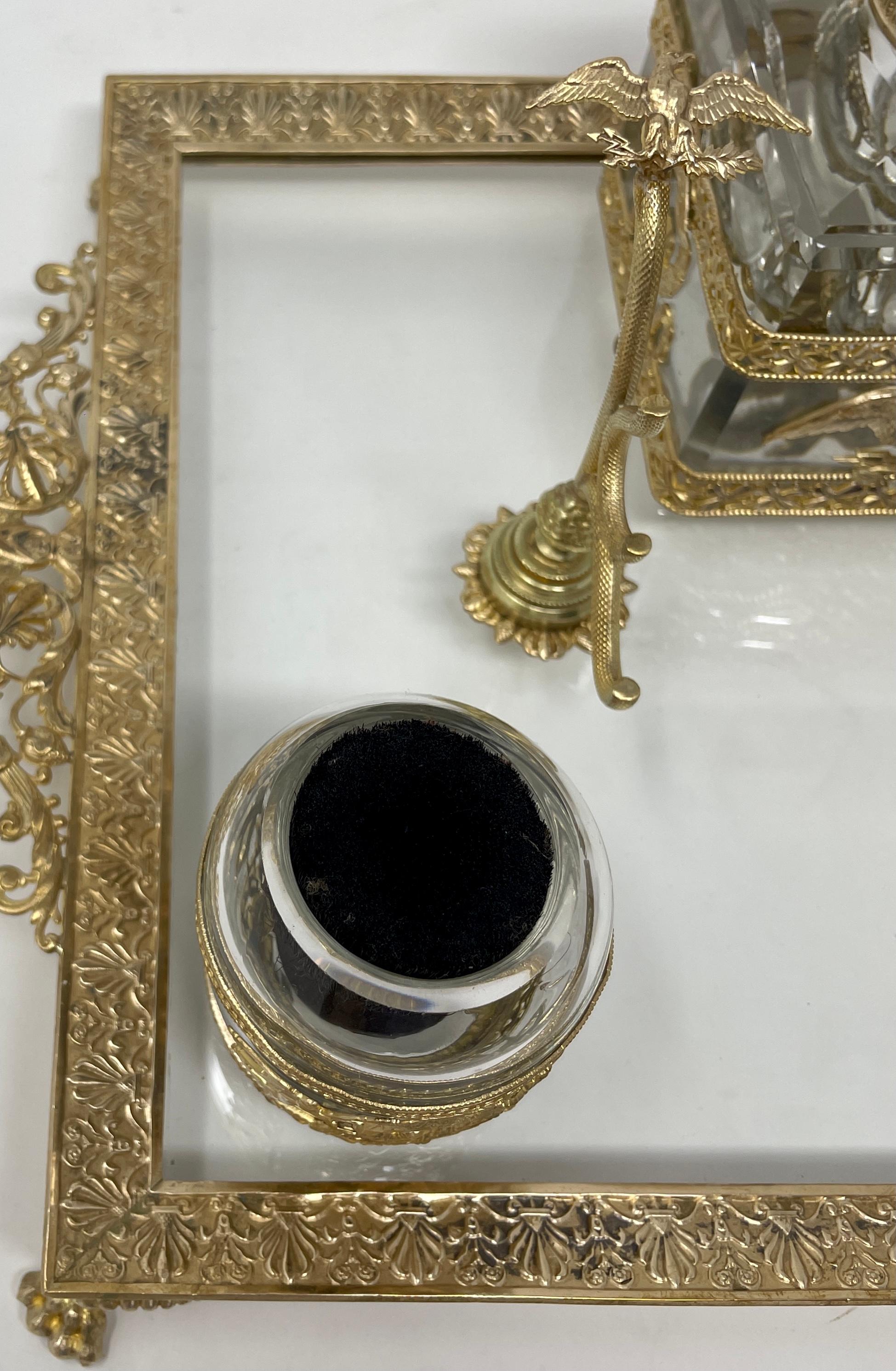 XX secolo Antique French Bronze D'ore & Cut Crystal Inkwell Desk Set on Stand, Circa 1900 in vendita