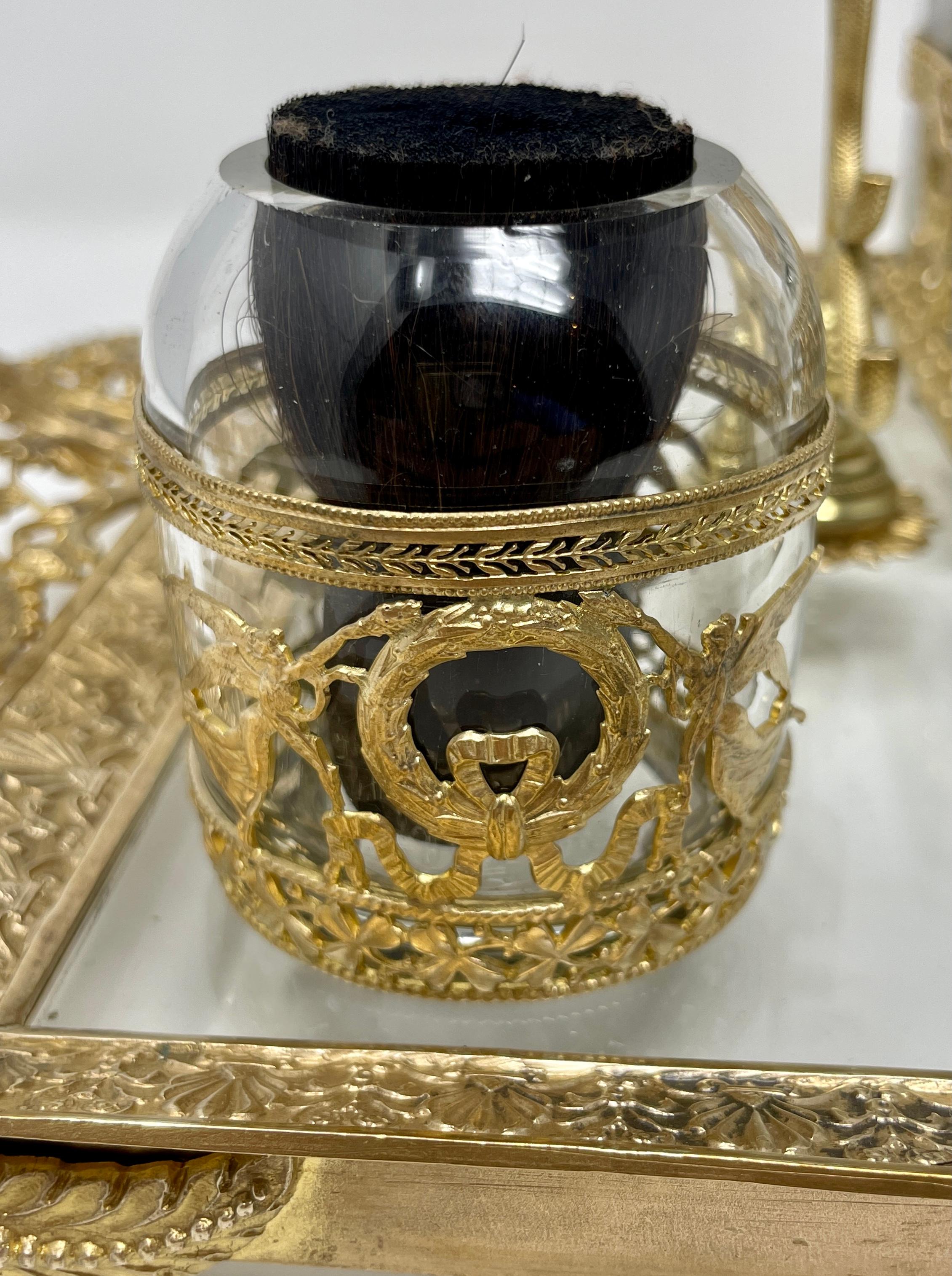 Bronzo Antique French Bronze D'ore & Cut Crystal Inkwell Desk Set on Stand, Circa 1900 in vendita