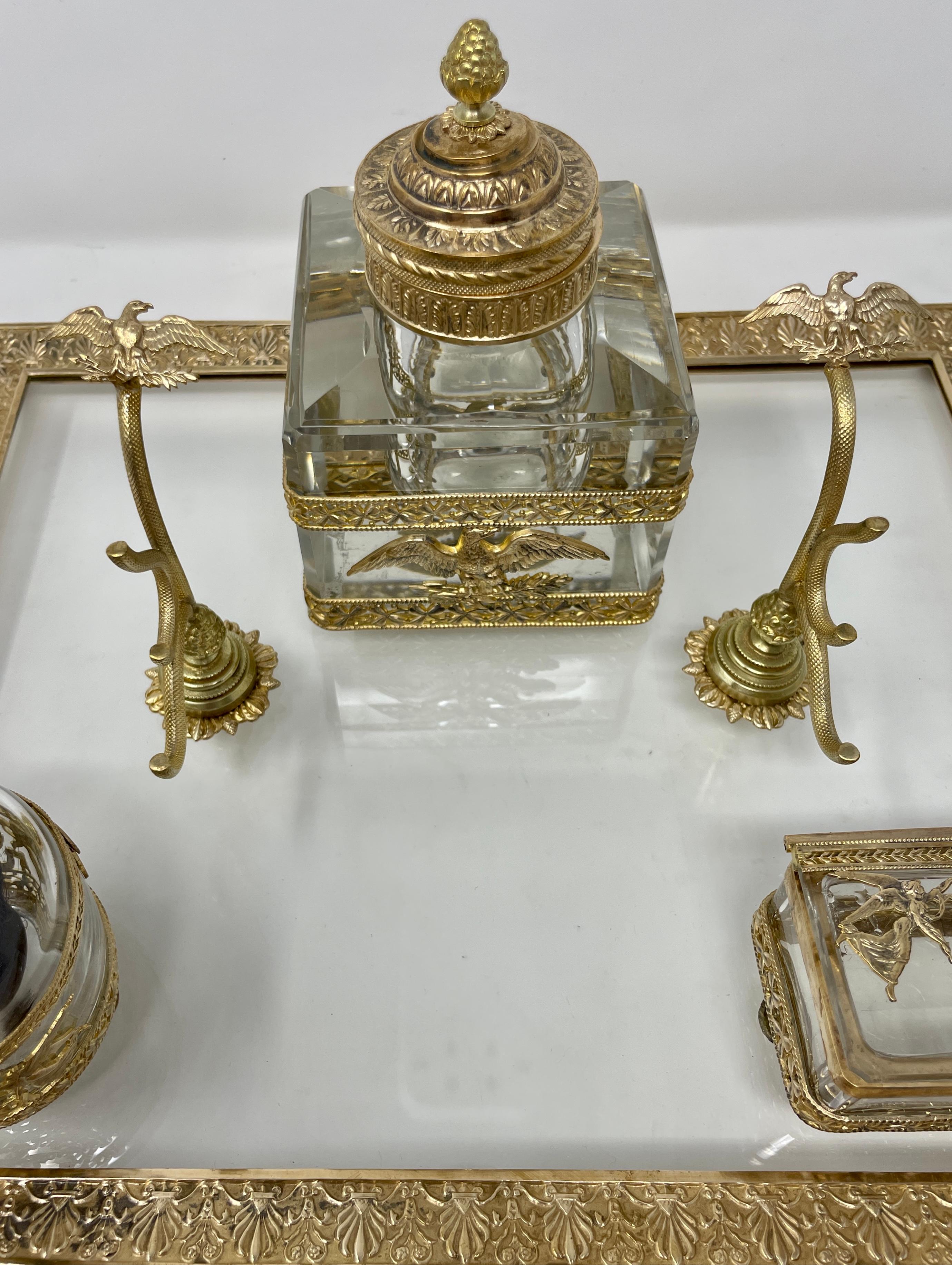 20th Century Antique French Bronze D'ore & Cut Crystal Inkwell Desk Set on Stand, Circa 1900 For Sale