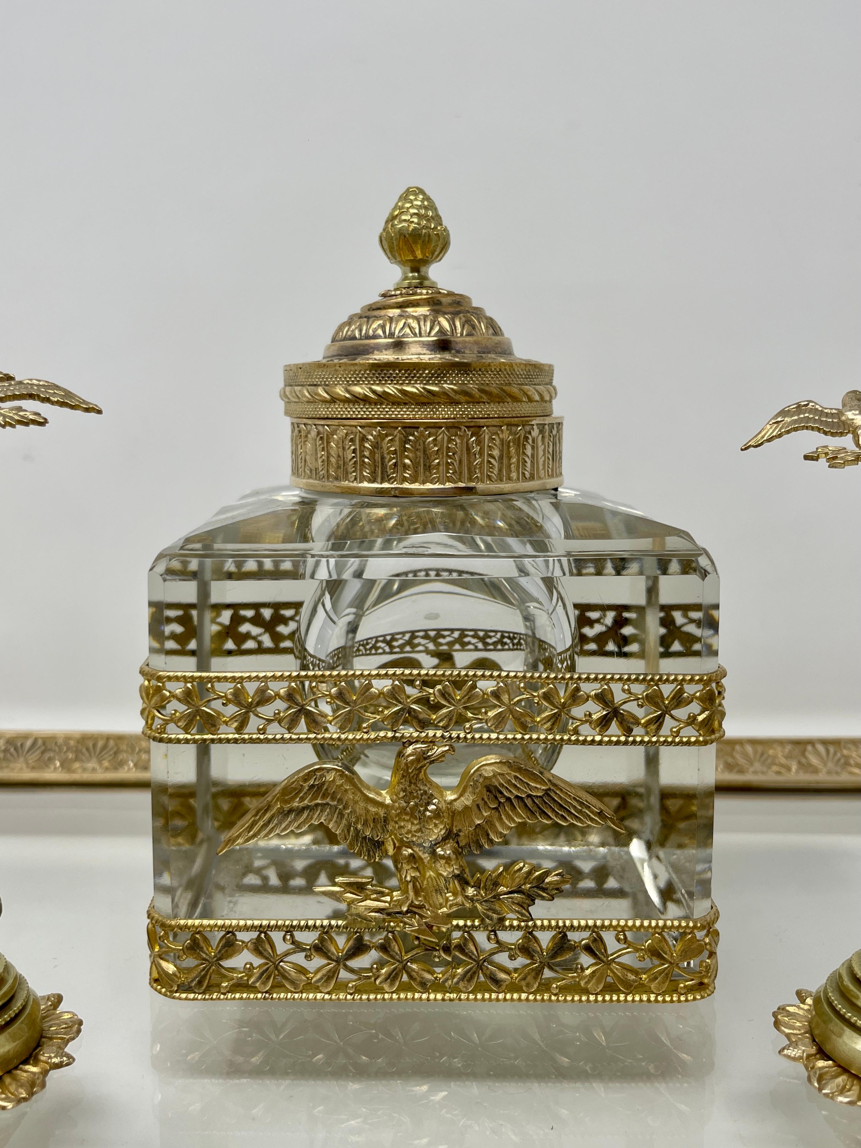 Antique French Bronze D'ore & Cut Crystal Inkwell Desk Set on Stand, Circa 1900 For Sale 1