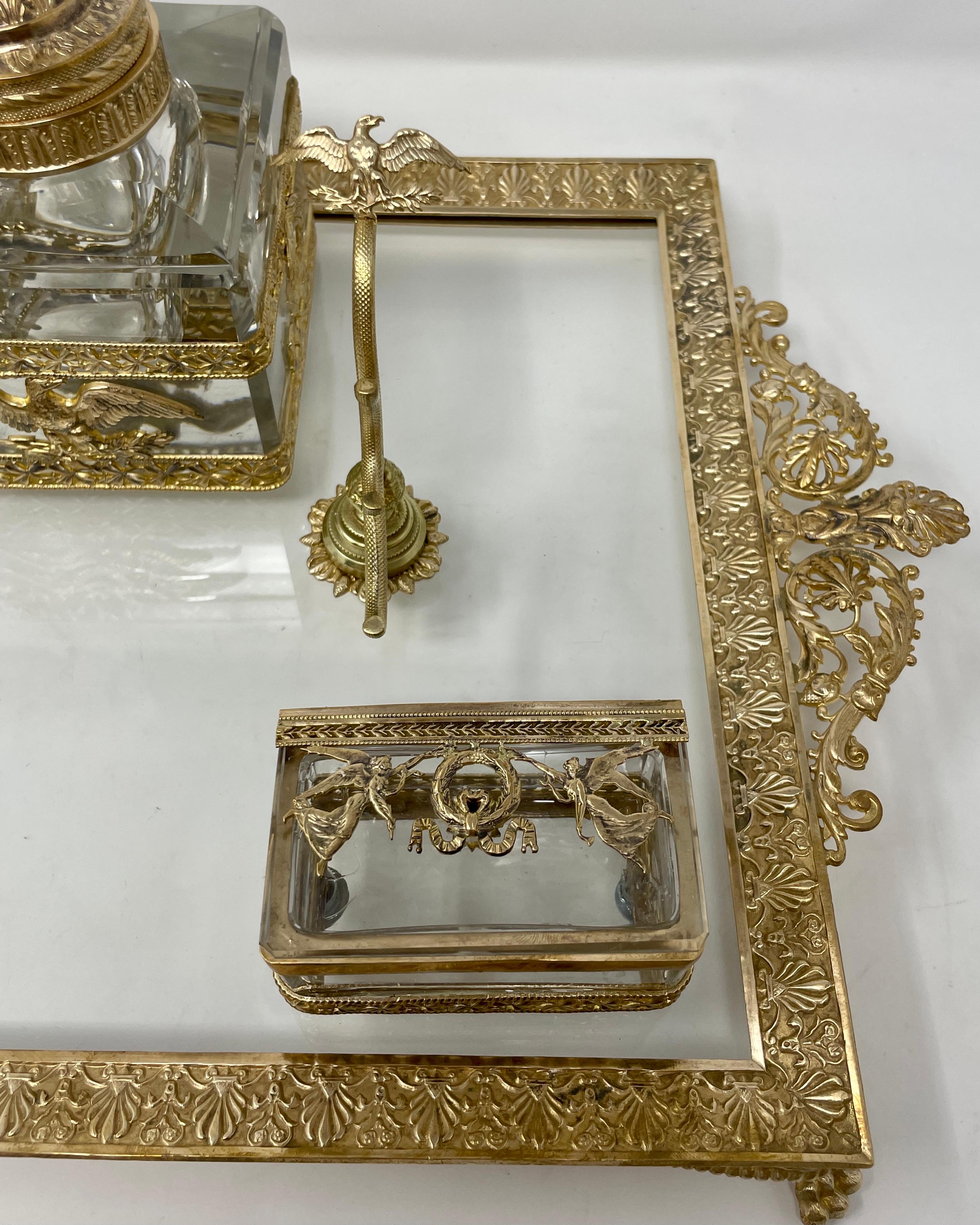 Antique French Bronze D'ore & Cut Crystal Inkwell Desk Set on Stand, Circa 1900 For Sale 2