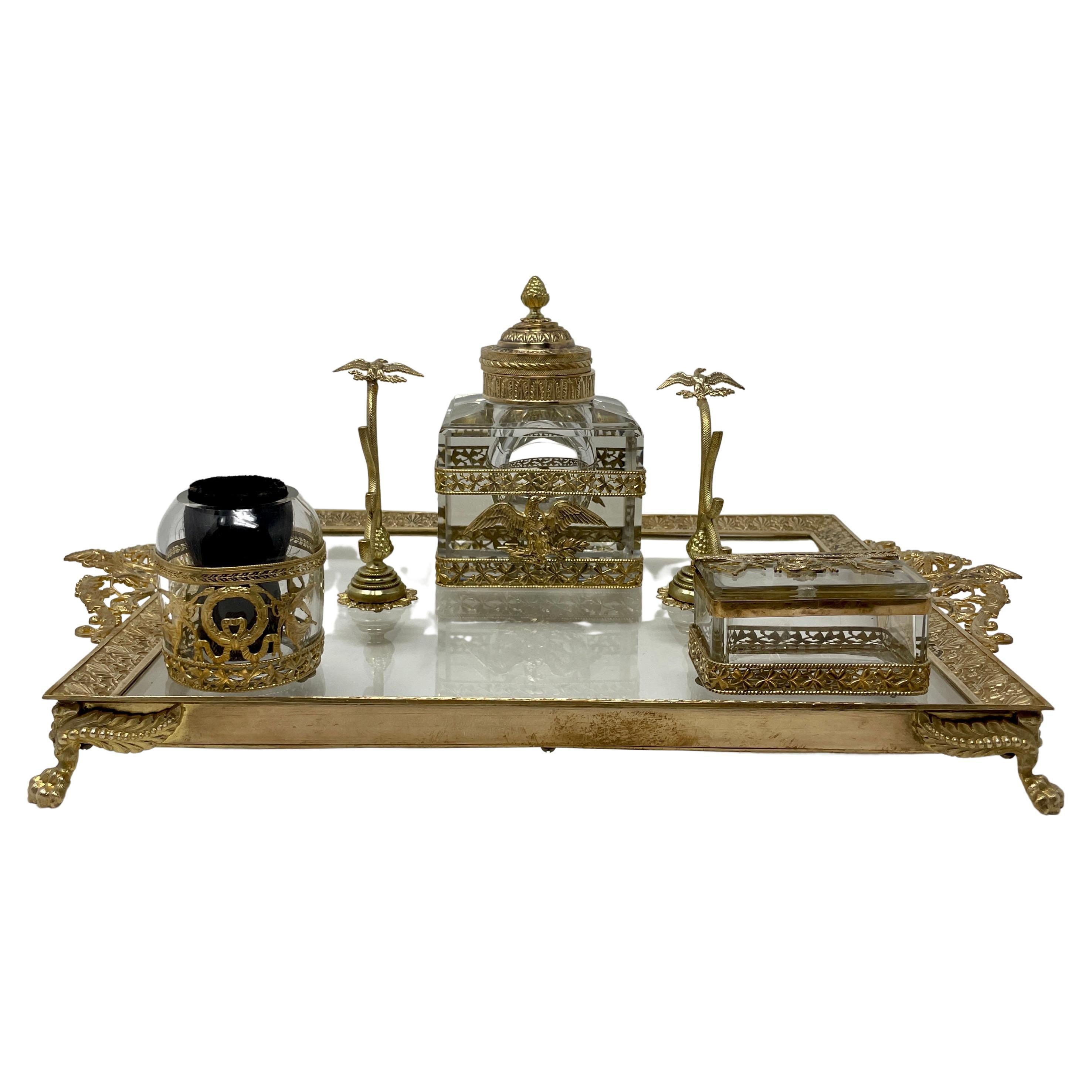 Antique French Bronze D'ore & Cut Crystal Inkwell Desk Set on Stand, Circa 1900