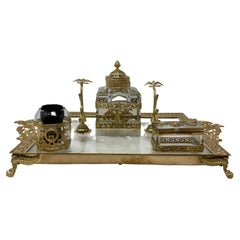 Antique French Bronze D'ore & Cut Crystal Inkwell Desk Set on Stand, Circa 1900