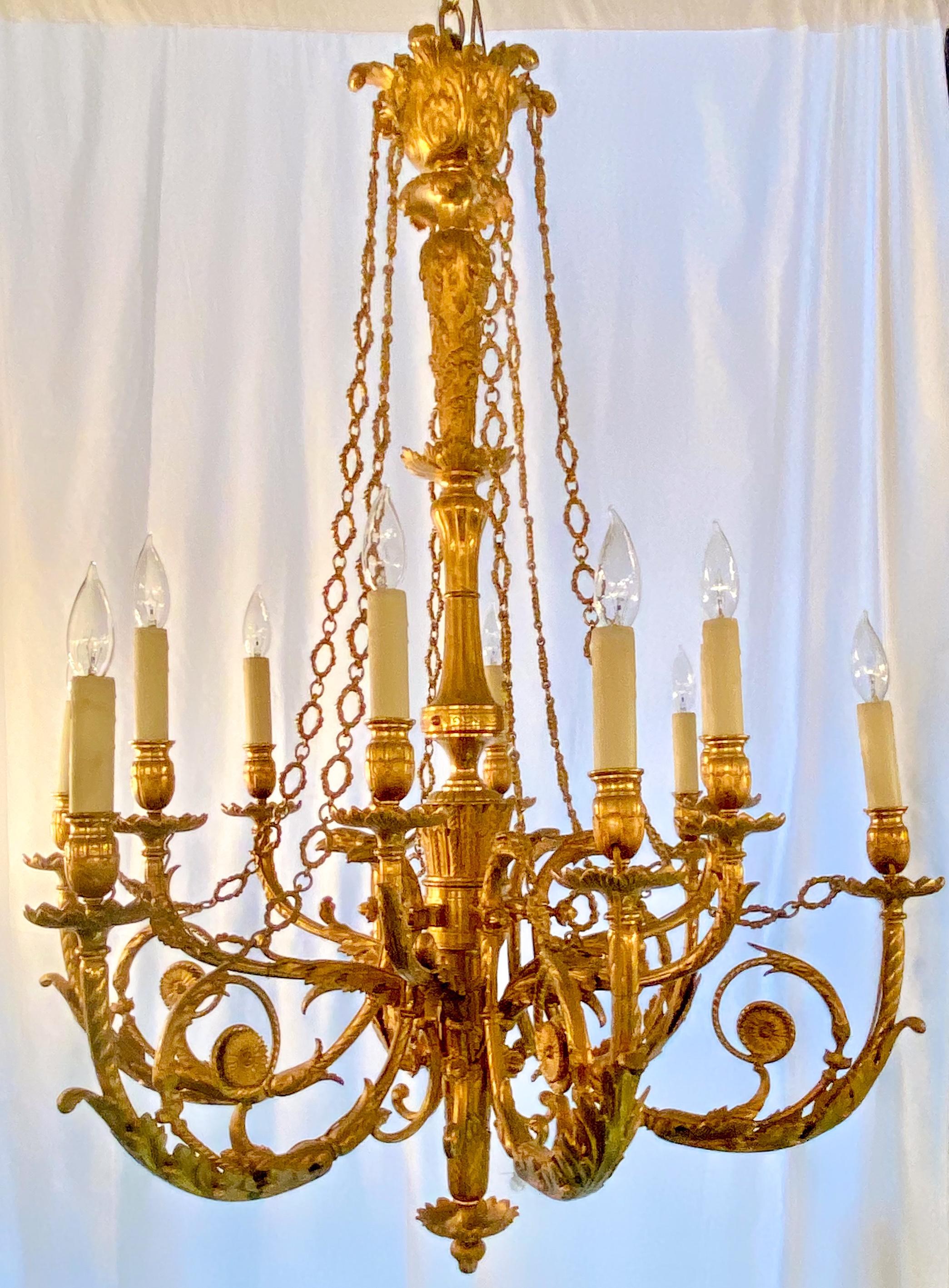 Antique French bronze dore Louis XVI style chandelier, circa 1870-1880.