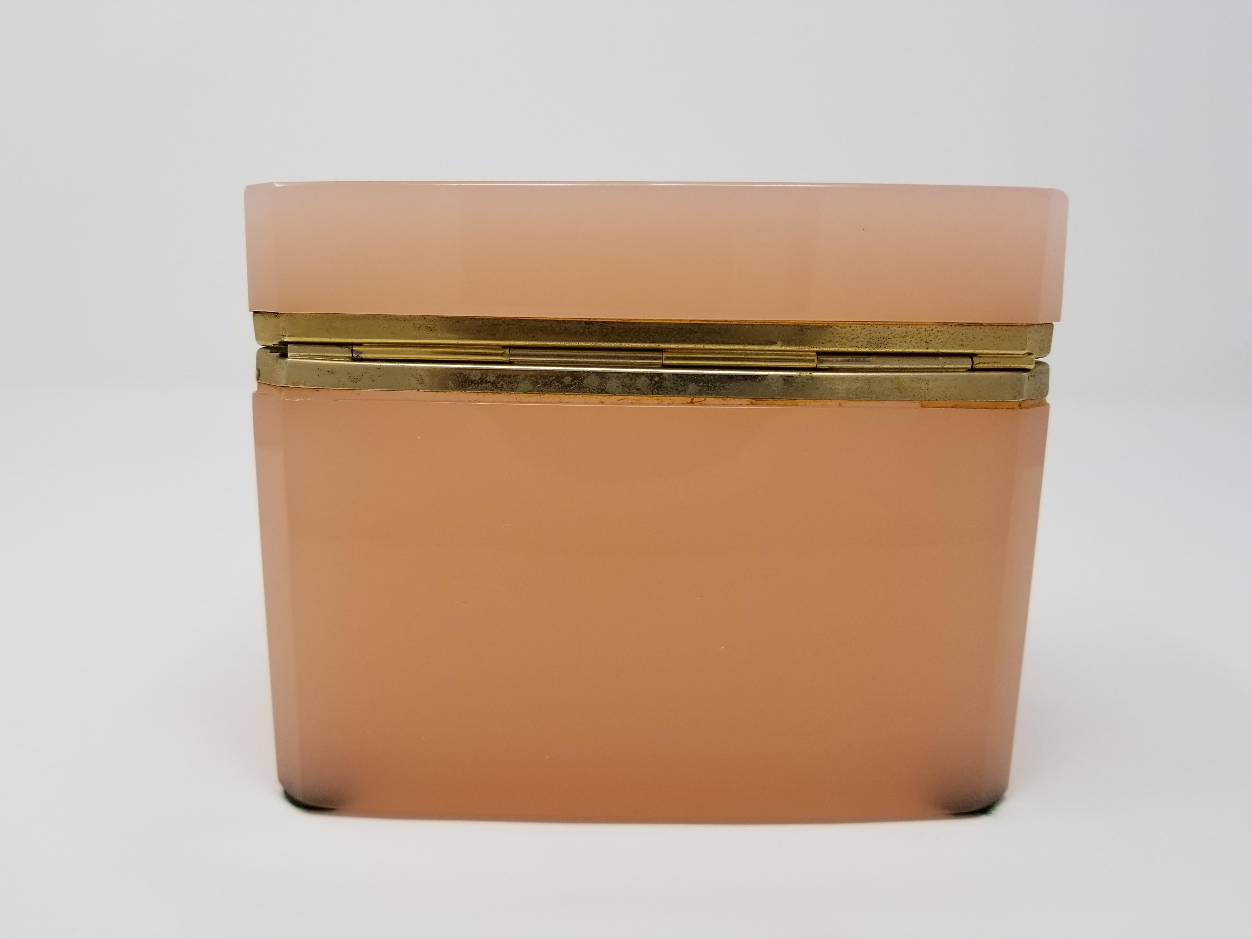 Hand-Carved Antique French Bronze Doré Mount Hand-Diamond Cut-Crystal Peach Opaline Box