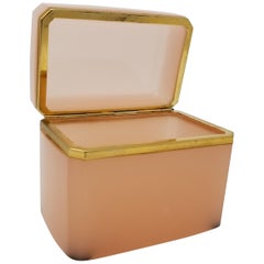 Antique French Bronze Doré Mount Hand-Diamond Cut-Crystal Peach Opaline Box