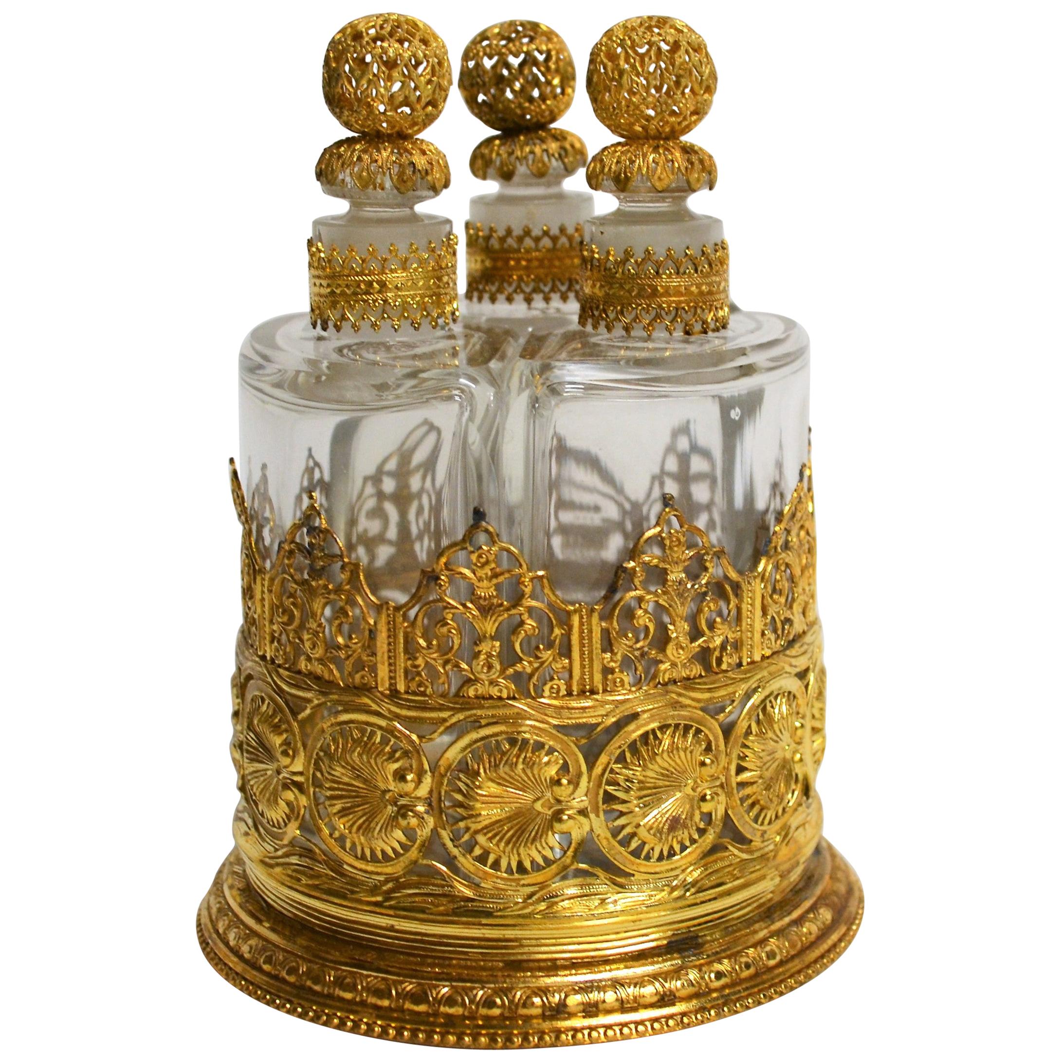 Antique French Bronze Doré Mounted Perfume Bottle Set