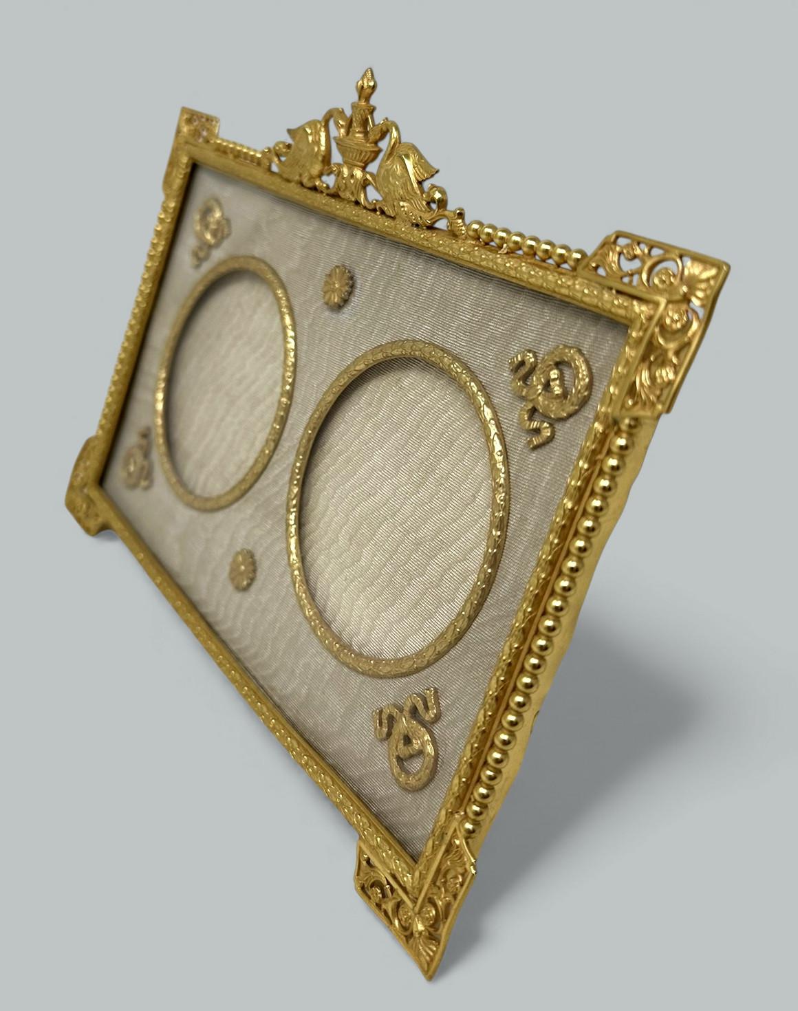 Neoclassical Antique French Bronze Dore Ormolu Portrait Photo Photograph Picture Frame Silk For Sale