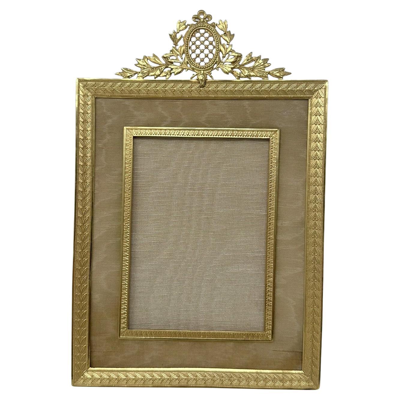 Antique French Bronze Dore Ormolu Portrait Photo Photograph Picture Frame Silk
