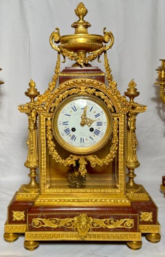 Antique French Bronze D'ore & Vatican Red Marble Clock Garniture Set, circa 1880