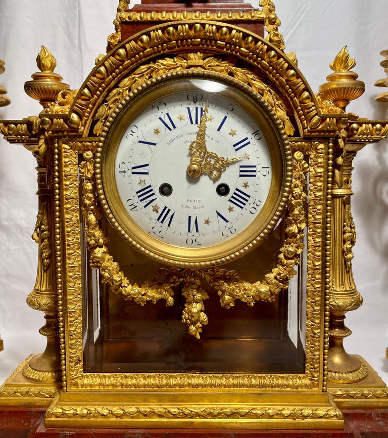 Antique French Bronze D'ore and Vatican Red Marble Clock Garniture Set ...