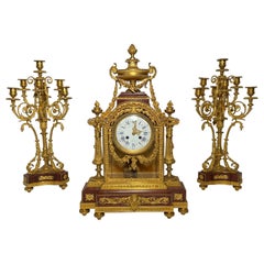 Antique French Bronze D'ore & Vatican Red Marble Clock Garniture Set, circa 1880