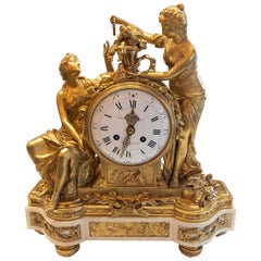 Antique French Bronze D'Ore White Carrara Marble Mantel Clock, Early 1800s