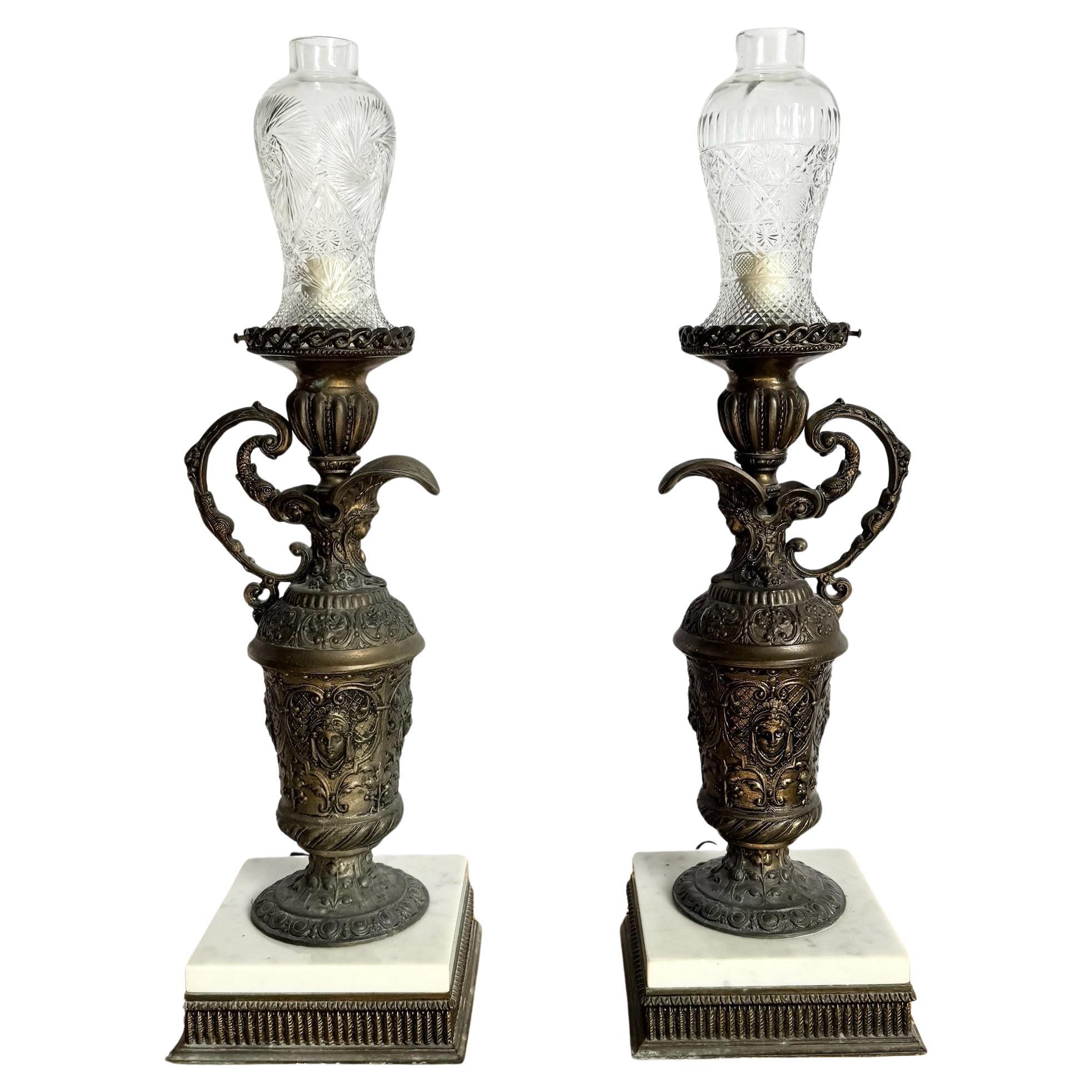 Antique French Bronze Ewer Converted Oil Lamps With Crystal Tops - A Pair