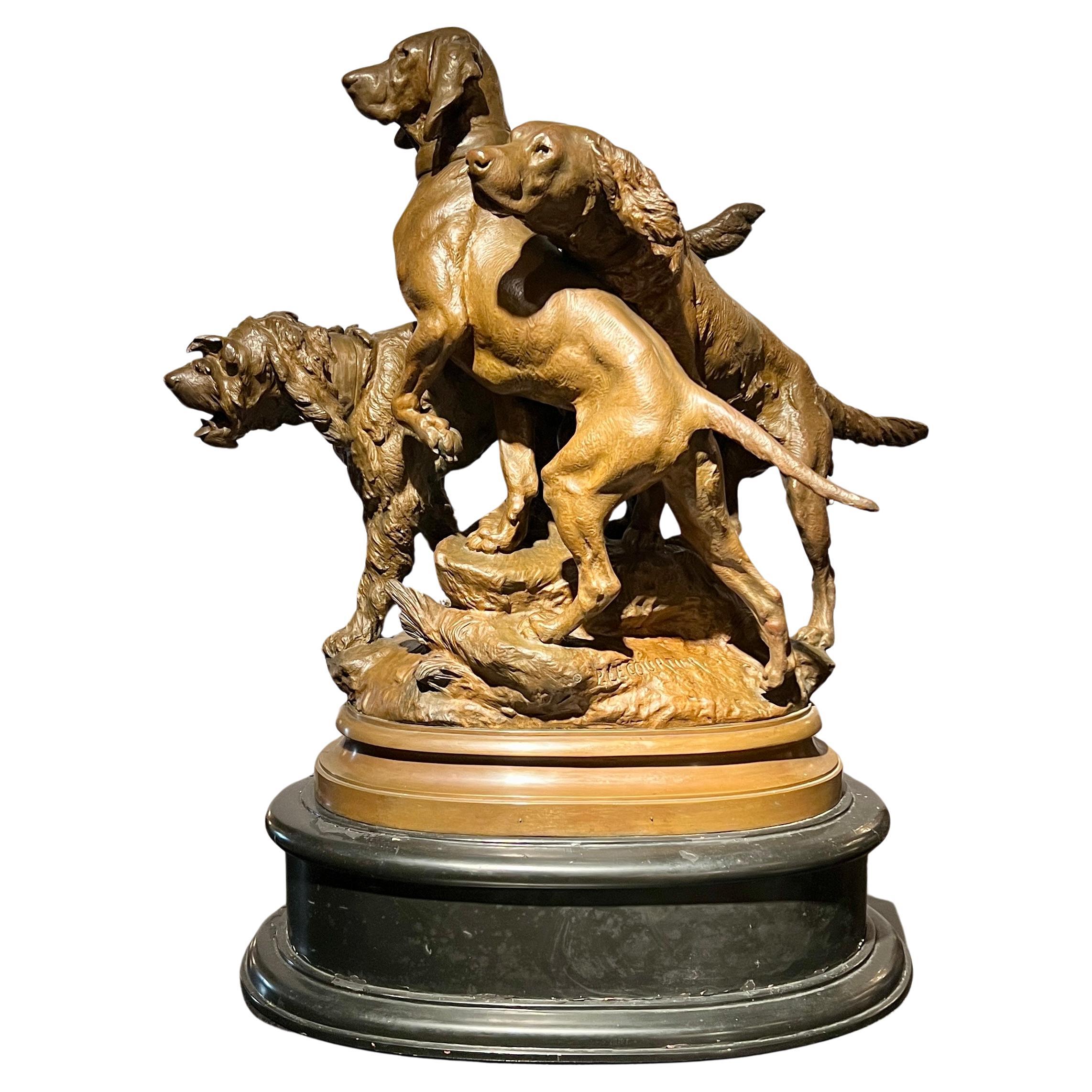 Antique French Bronze "Field Dogs" Sculpture by Prosper Lecourtier (1855-1924) For Sale