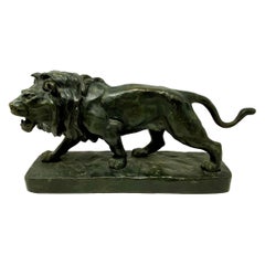 Antique French Bronze Figural Lion Statue Signed "Vidal," Circa 1870's-1880's