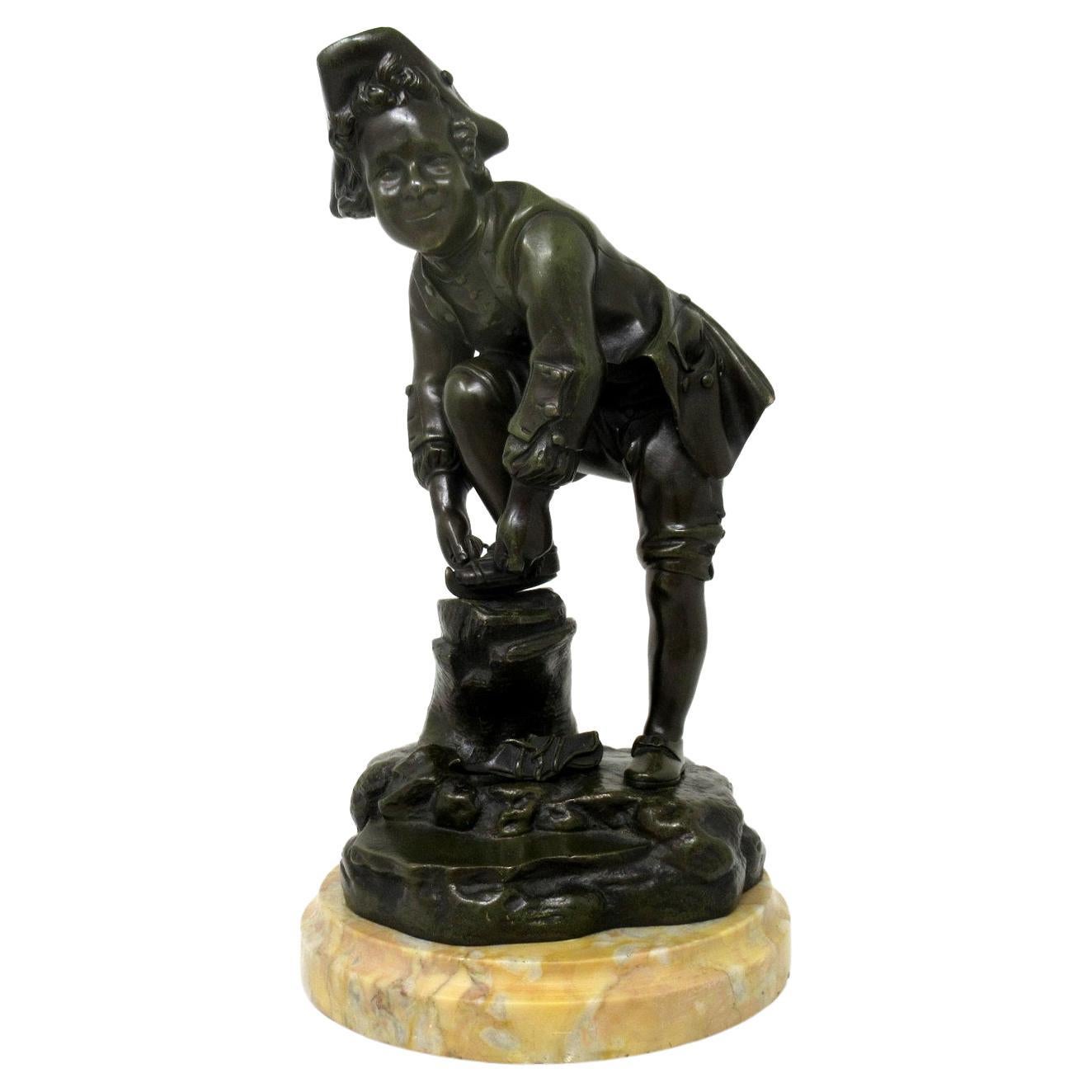 Antique French Bronze Figure Male Ice Skater Sienna Marble, 19th Century For Sale