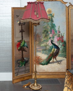 Lampada da terra Antique French in bronzo con fiori di porcellana e paralume in seta personalizzato