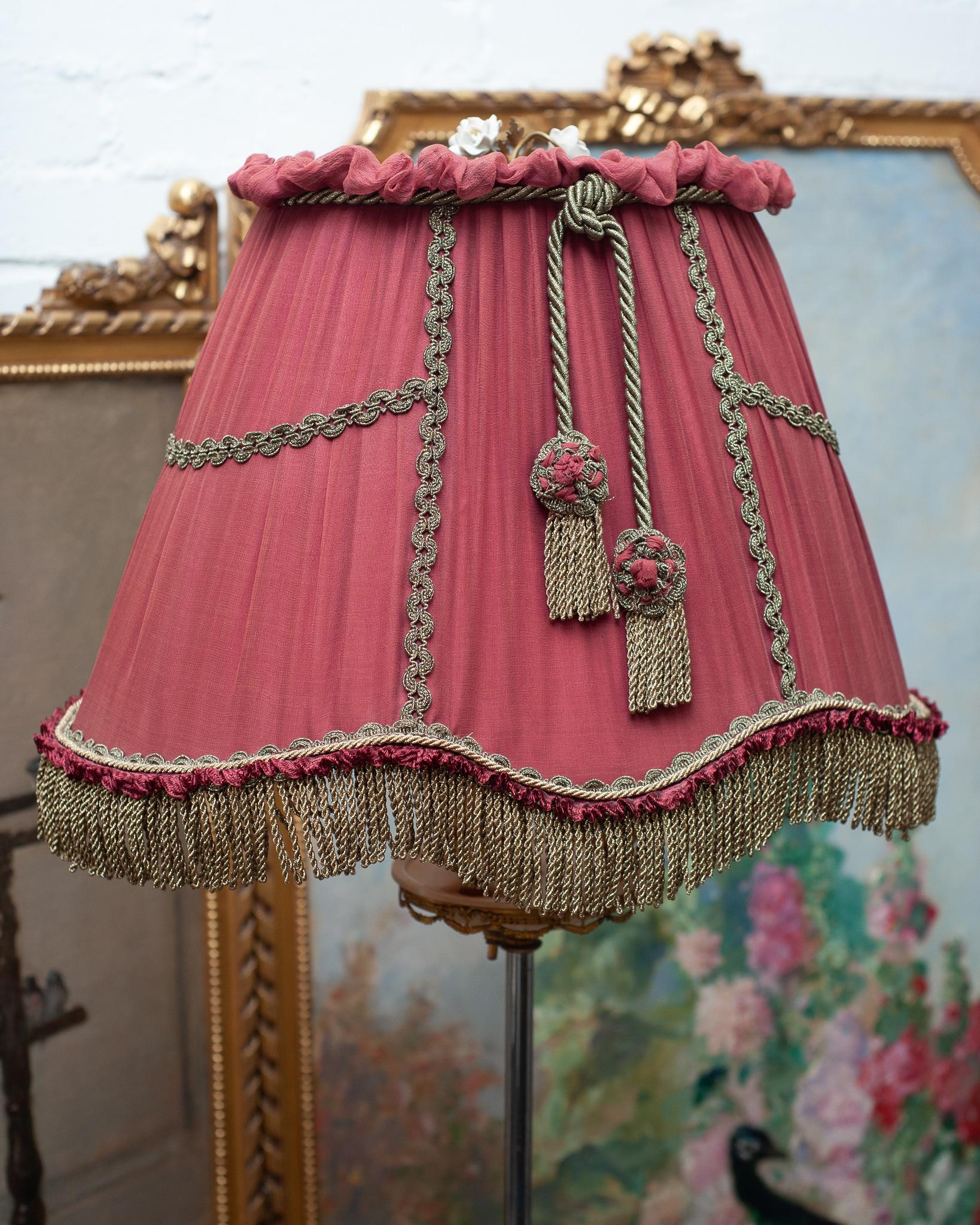 Antique French Bronze Floor Lamp with Porcelain Flowers and Custom Silk Shade In Good Condition In Toronto, ON