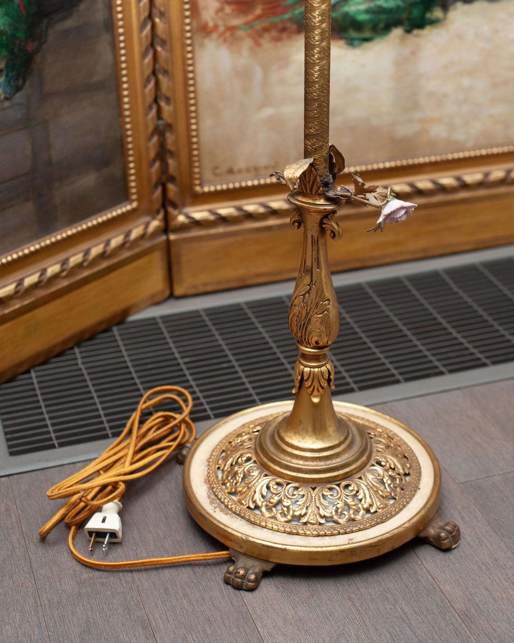 20th Century Antique French Bronze Floor Lamp with Porcelain Flowers and Custom Silk Shade