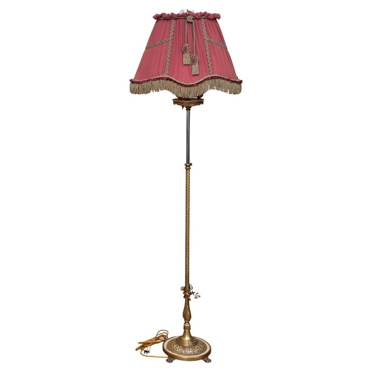 Antique French Bronze Floor Lamp with Porcelain Flowers and Custom Silk ...