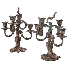 Antique French Bronze Silved-Plated Candlesticks- A Pair