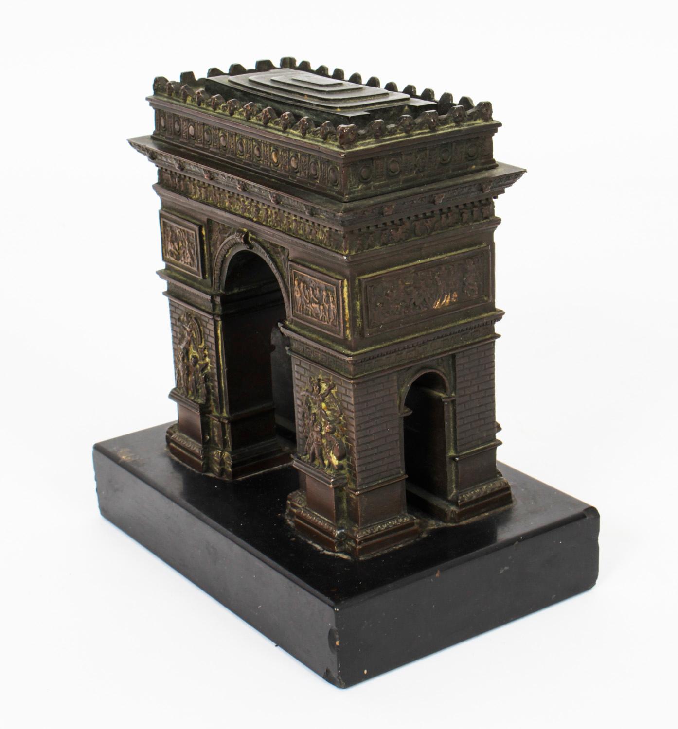 A lovely French bronze Grand Tour model of the Arc De Triomphe, circa 1860 in date.
 
The beautifully realistic model is cast in high relief and is mounted on a black marble base. 
 
The monument stand at the western end of the Champs-Élysées at