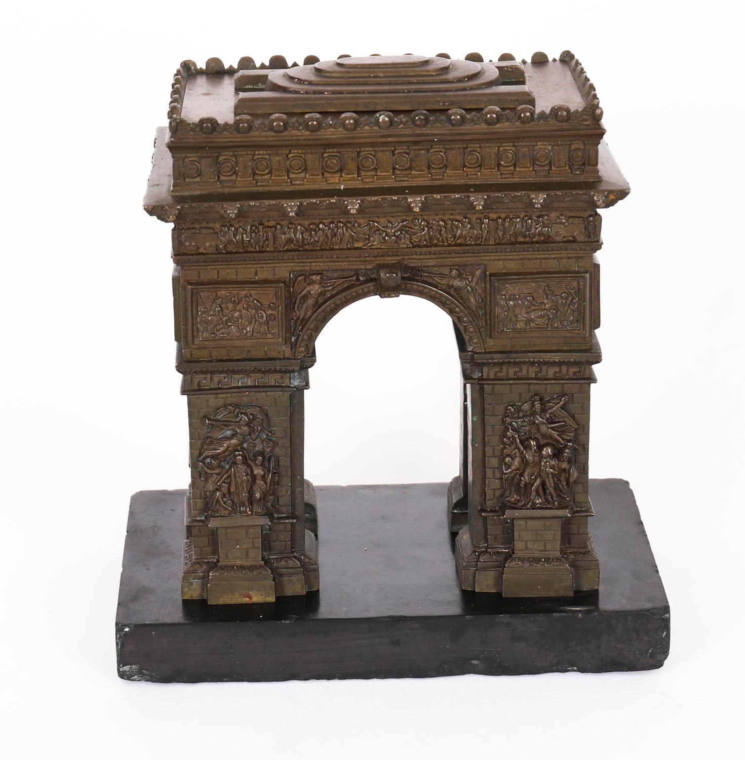 A delightful French bronze Grand Tour model of the Arc De Triomphe, circa 1860 in date.

The beautifully realistic model is cast in high relief and is mounted on a black marble base. 

The monument stands at the western end of the Champs-Élysées at